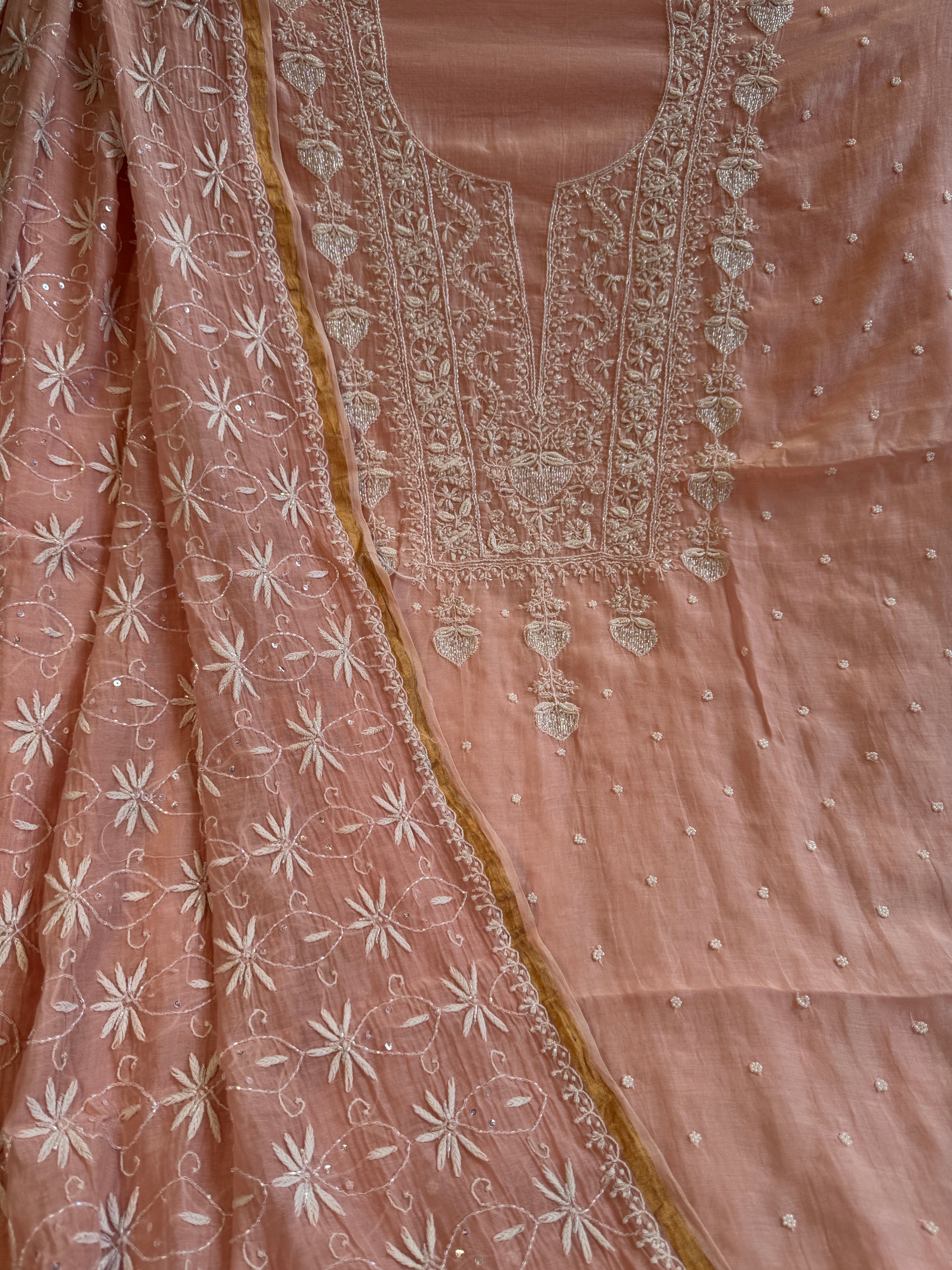 Mul Chanderi Chikankari  - Peach ARIAA CHIKANKARI 