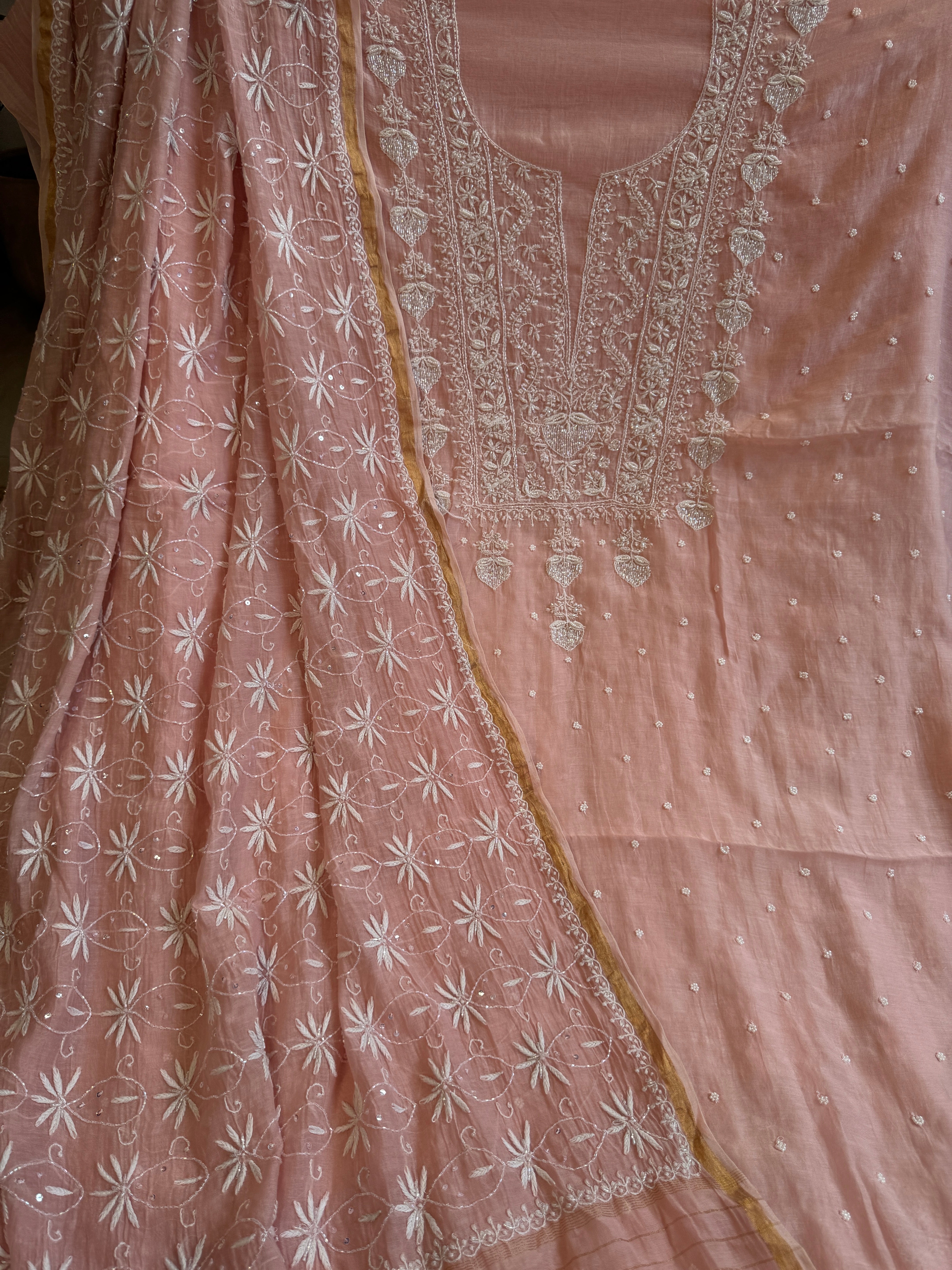 Mul Chanderi Chikankari  - Peach