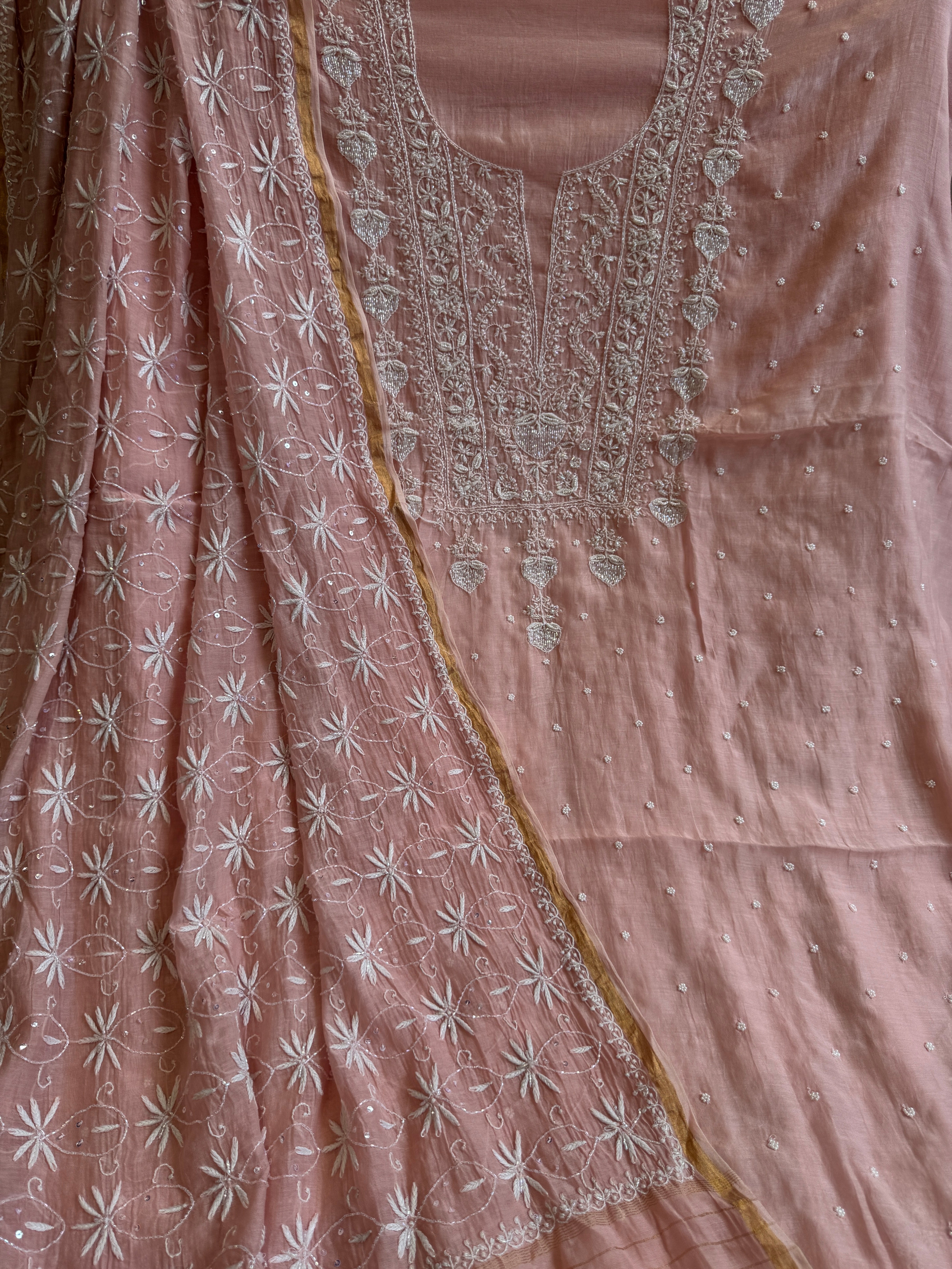 Mul Chanderi Chikankari  - Peach ARIAA CHIKANKARI 