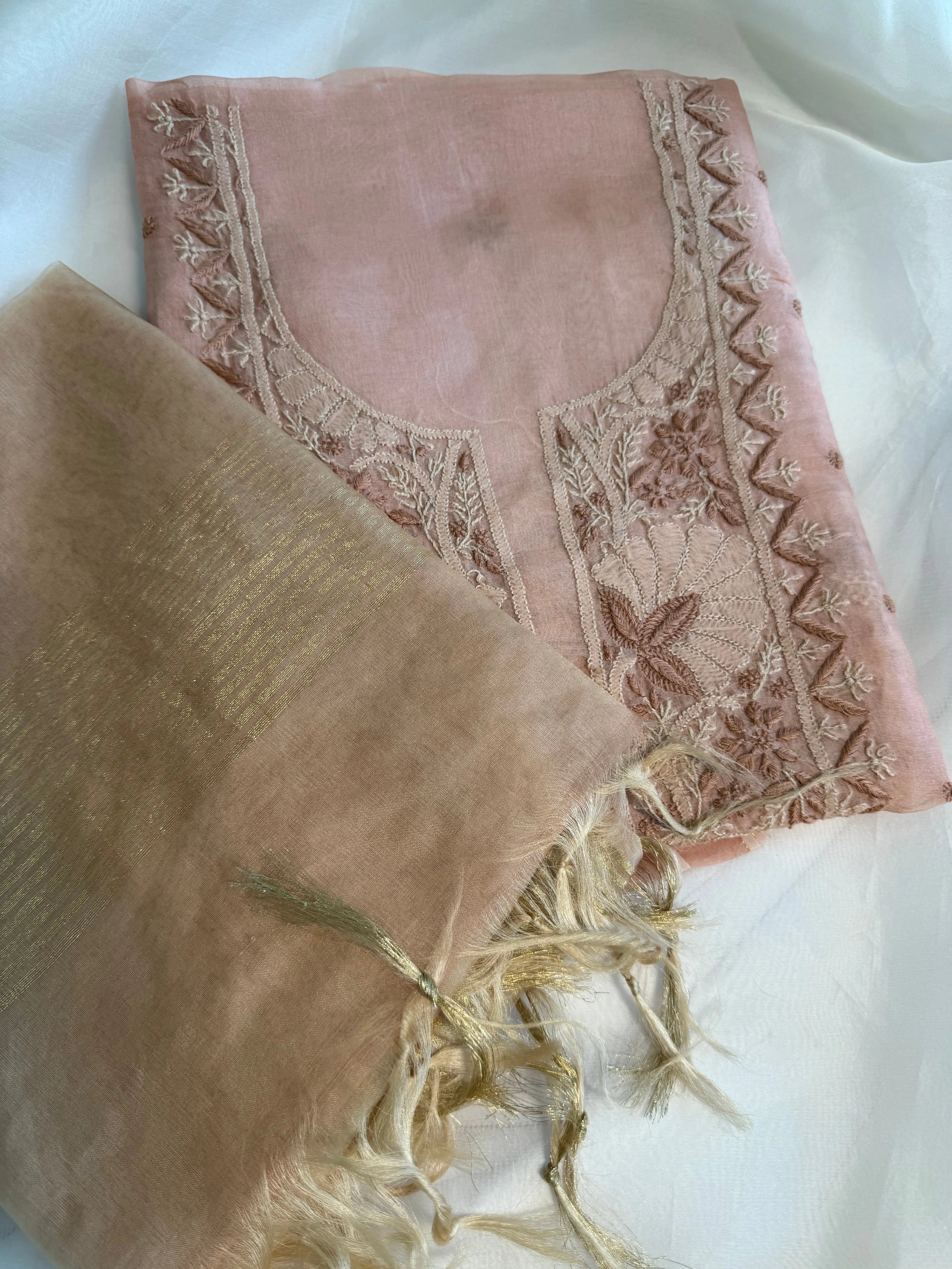 Organza Length with Dupatta -Peach Beige ARIAA CHIKANKARI 