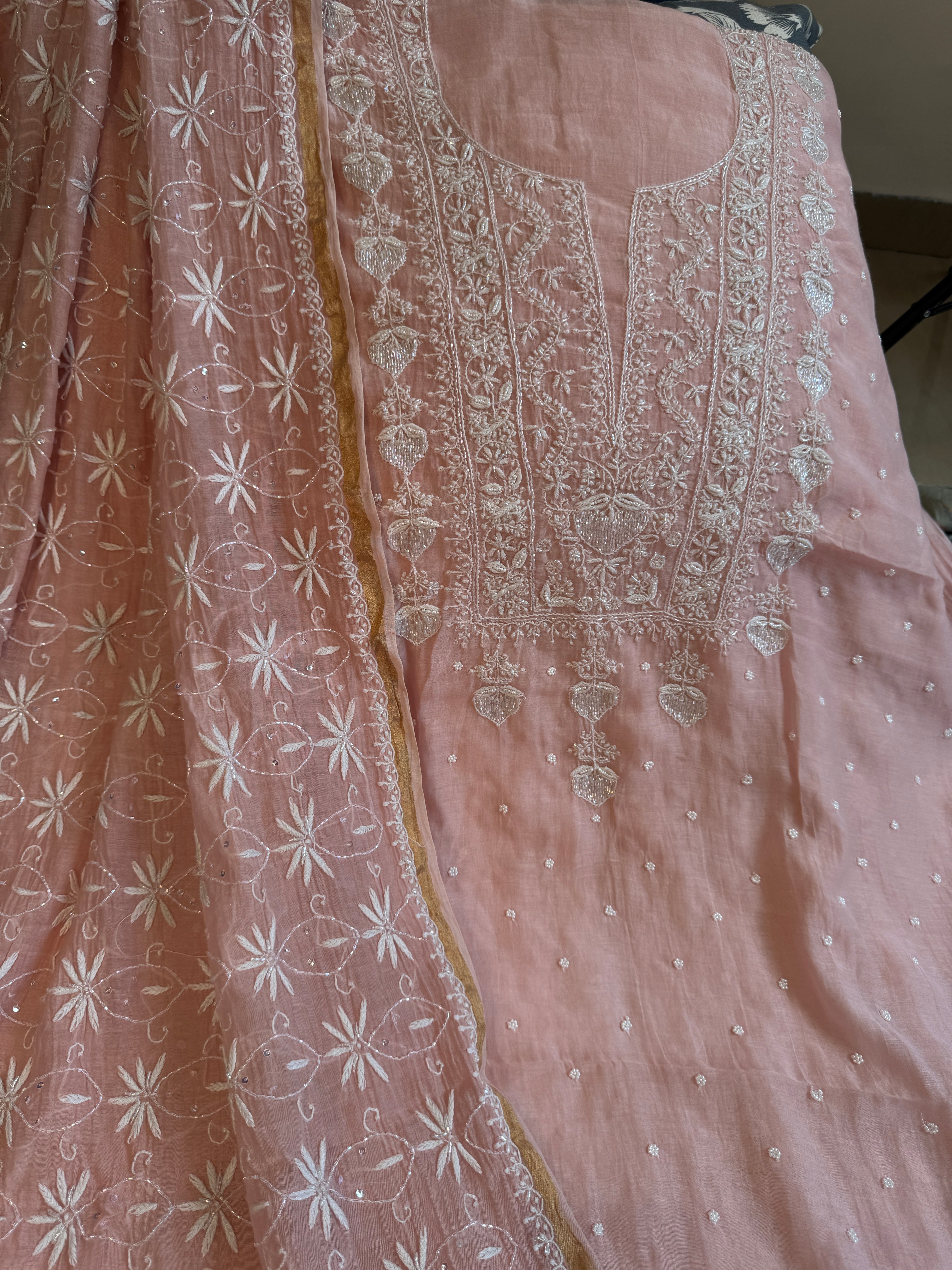 Mul Chanderi Chikankari  - Peach ARIAA CHIKANKARI 