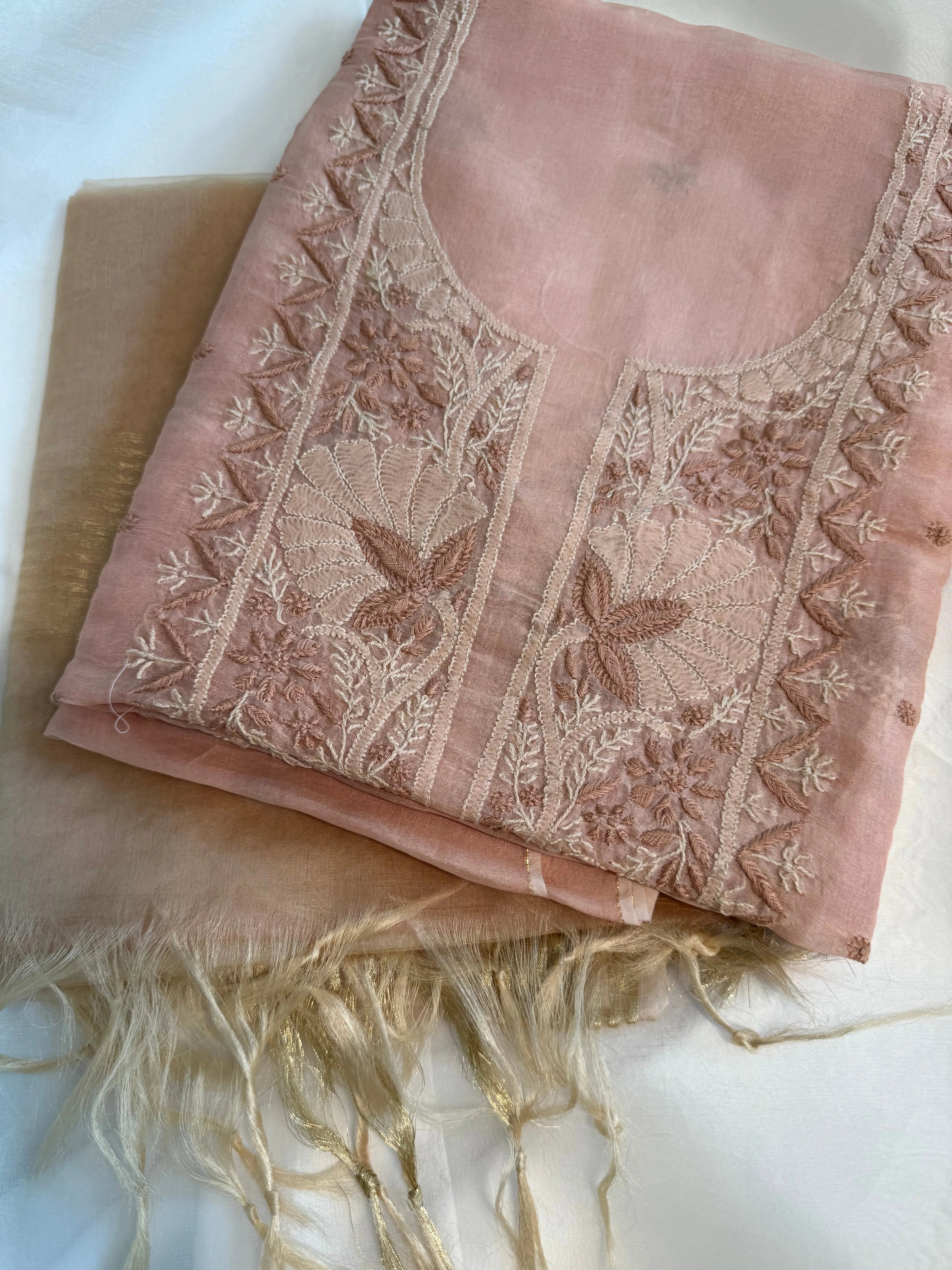 Organza Length with Dupatta -Peach Beige ARIAA CHIKANKARI 