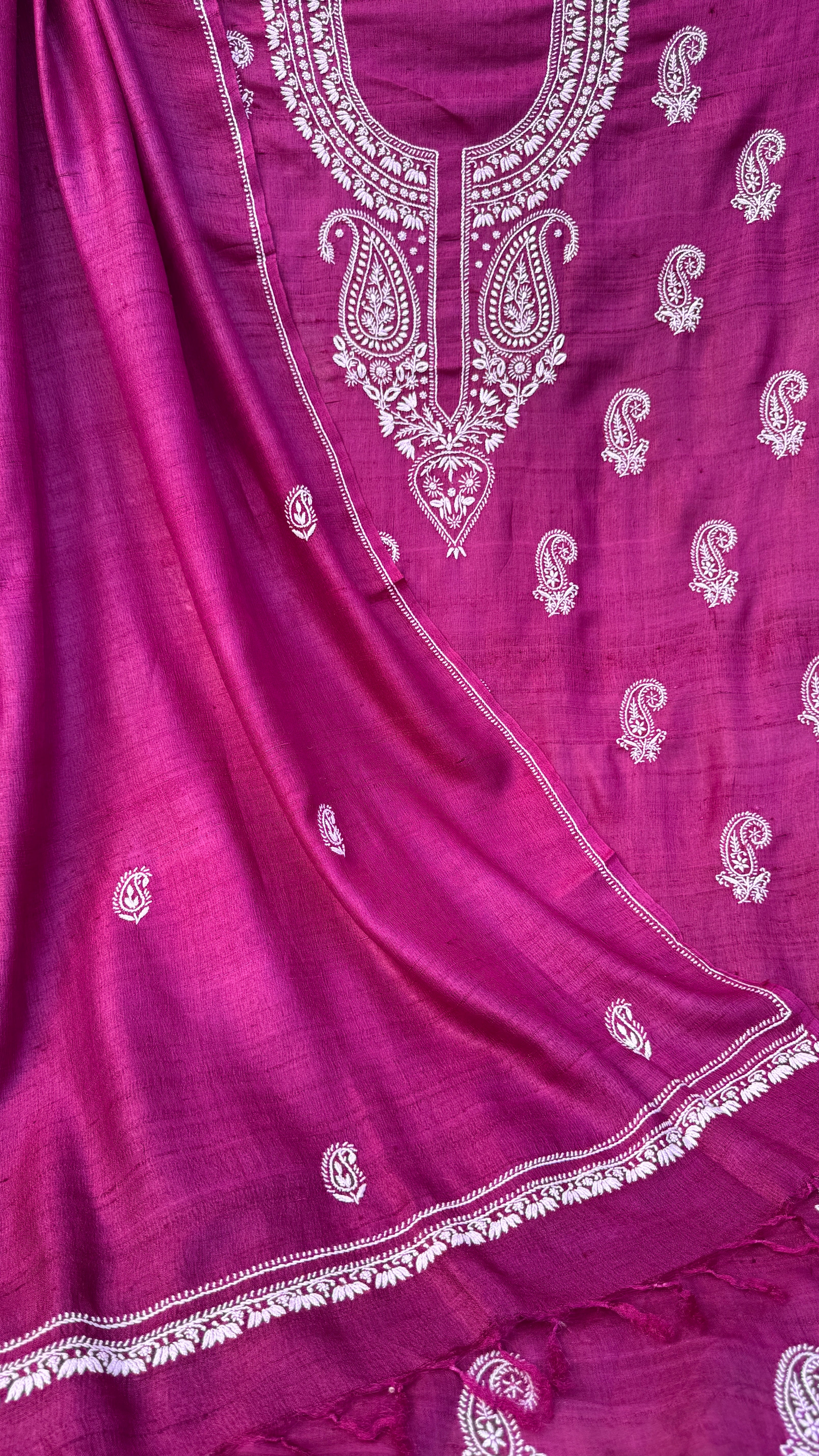 Pure Khadi Silk Chikankari Length with Dupatta - Berry Pink