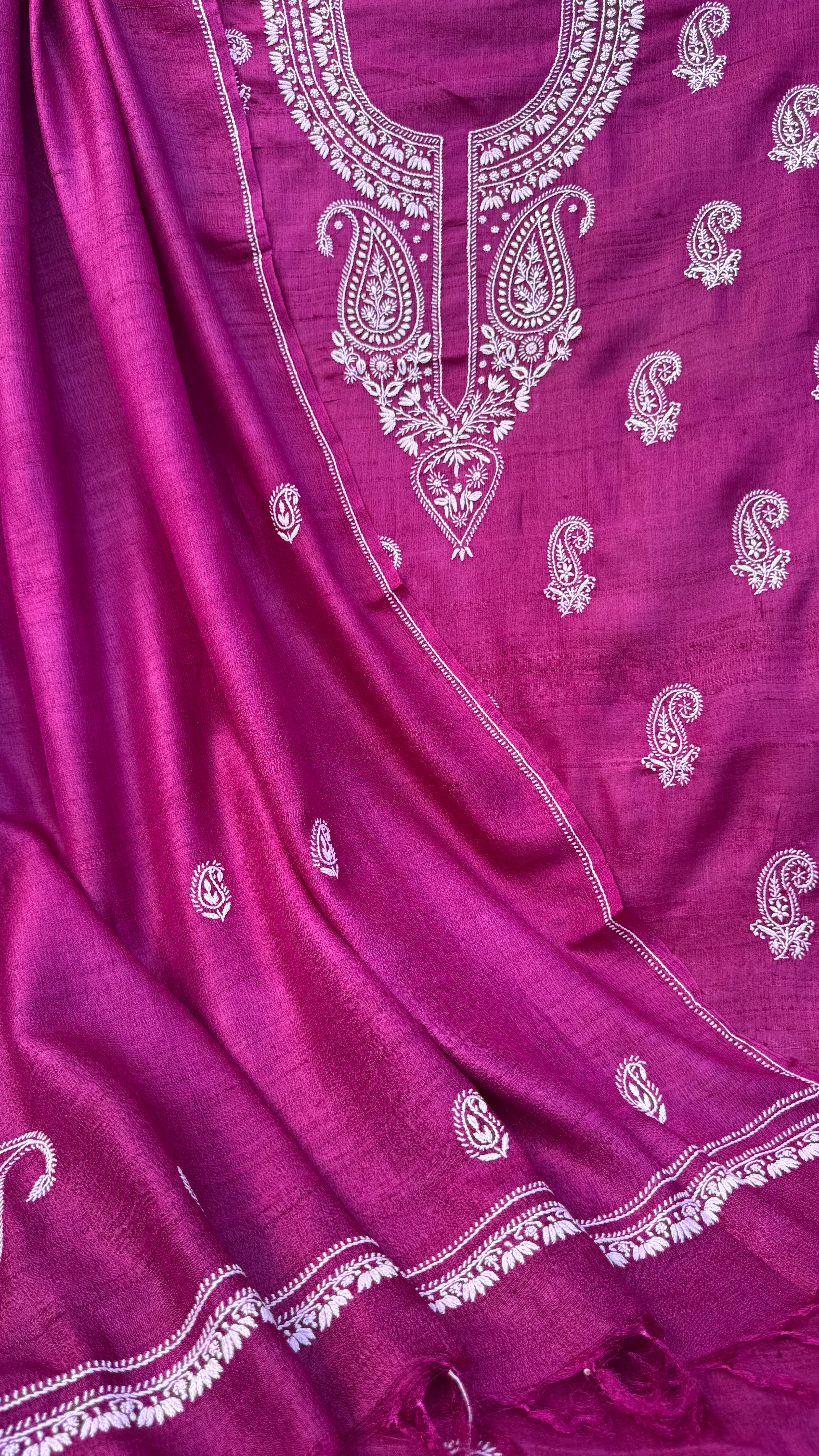 Pure Khadi Silk Chikankari Length with Dupatta - Berry Pink