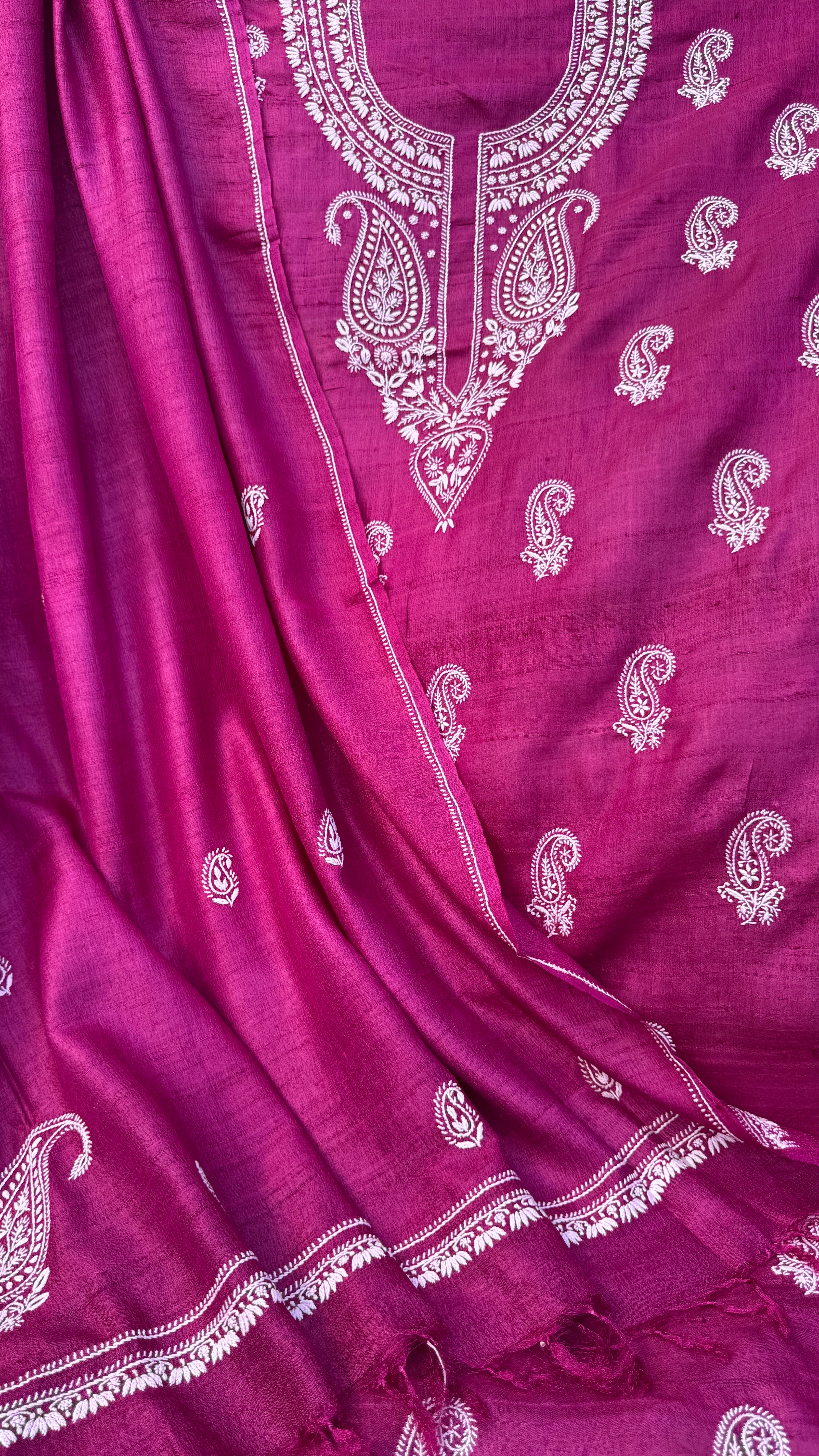 Pure Khadi Silk Chikankari Length with Dupatta - Berry Pink