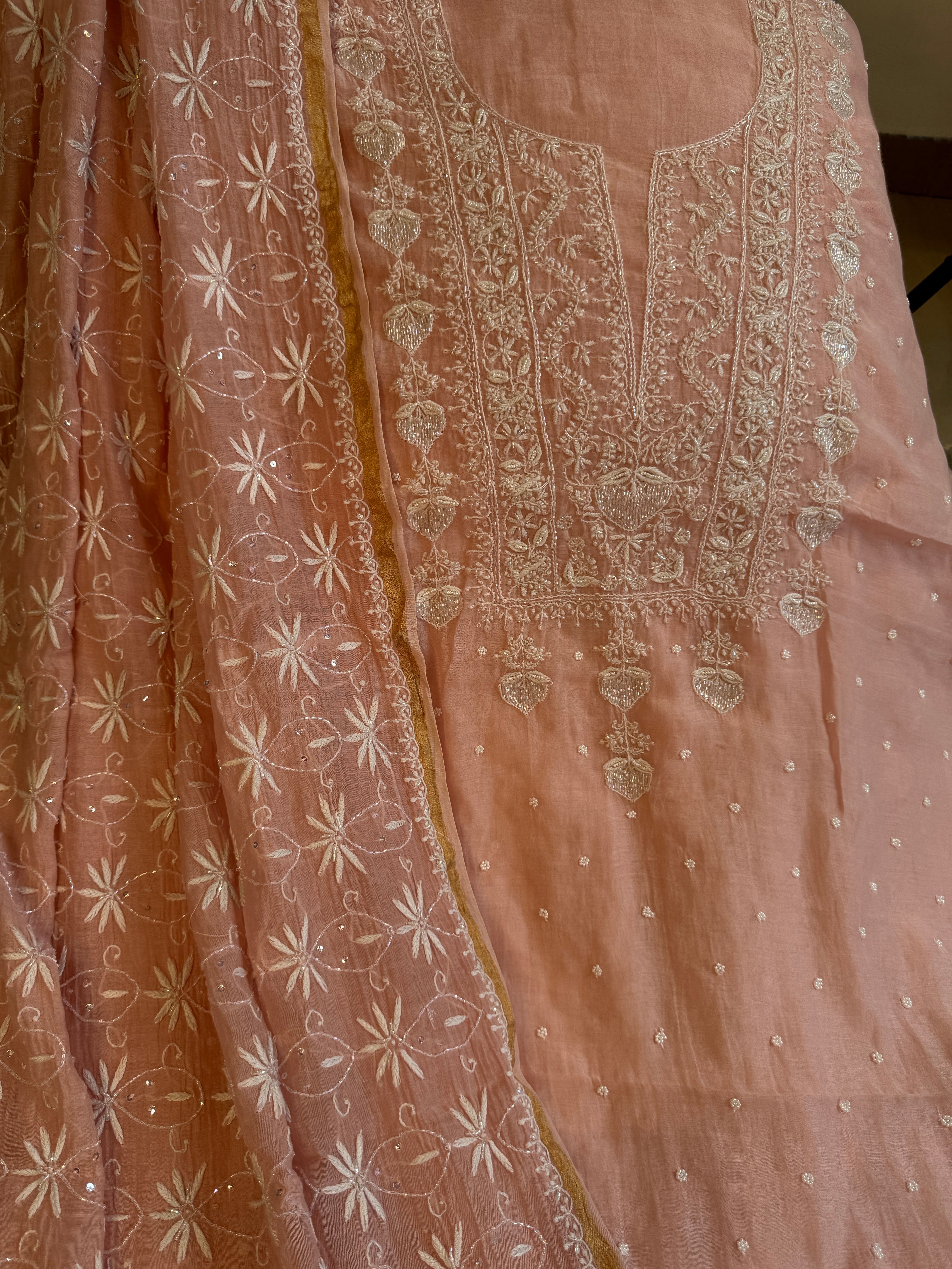Mul Chanderi Chikankari  - Peach ARIAA CHIKANKARI 