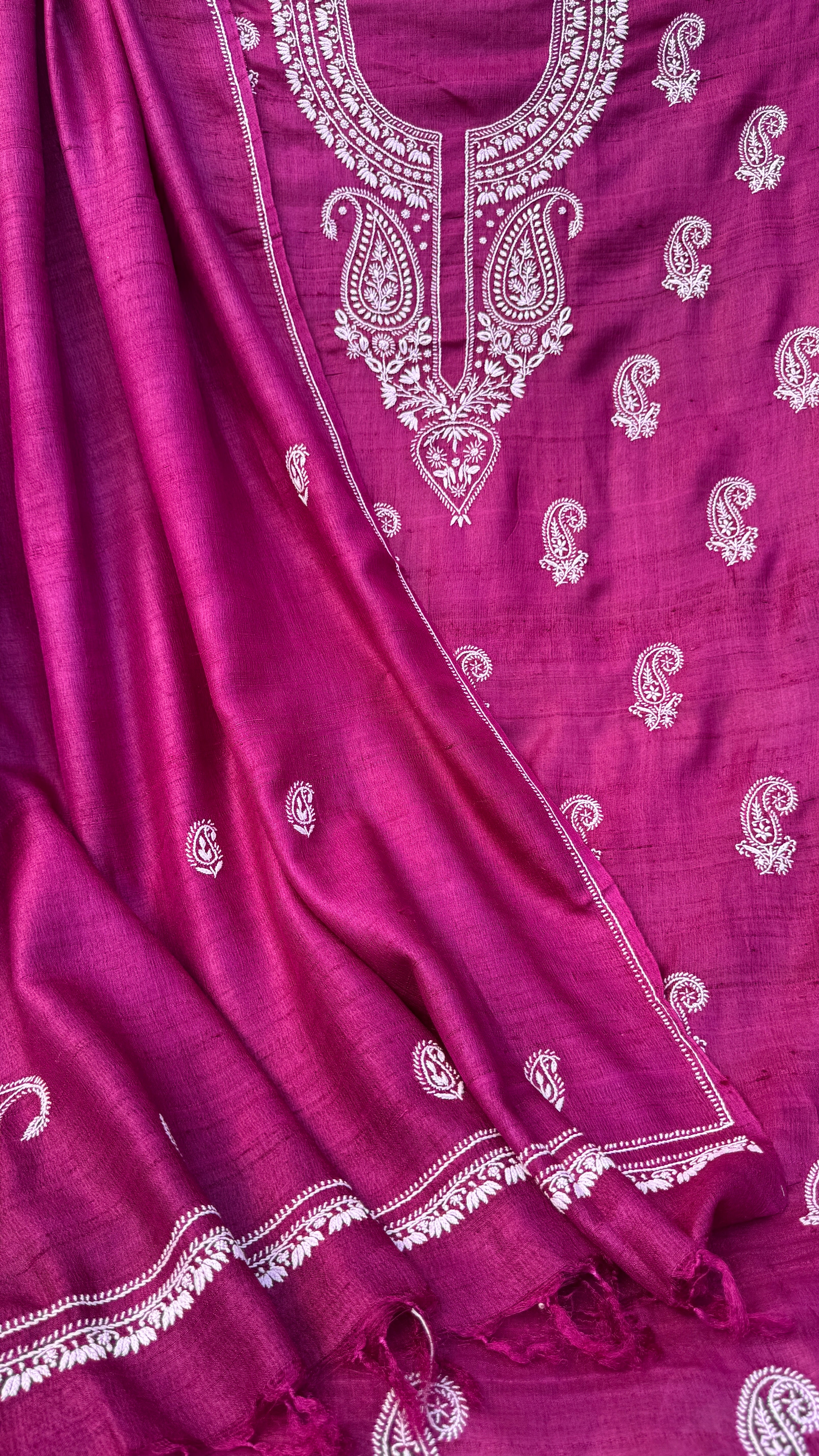 Pure Khadi Silk Chikankari Length with Dupatta - Berry Pink