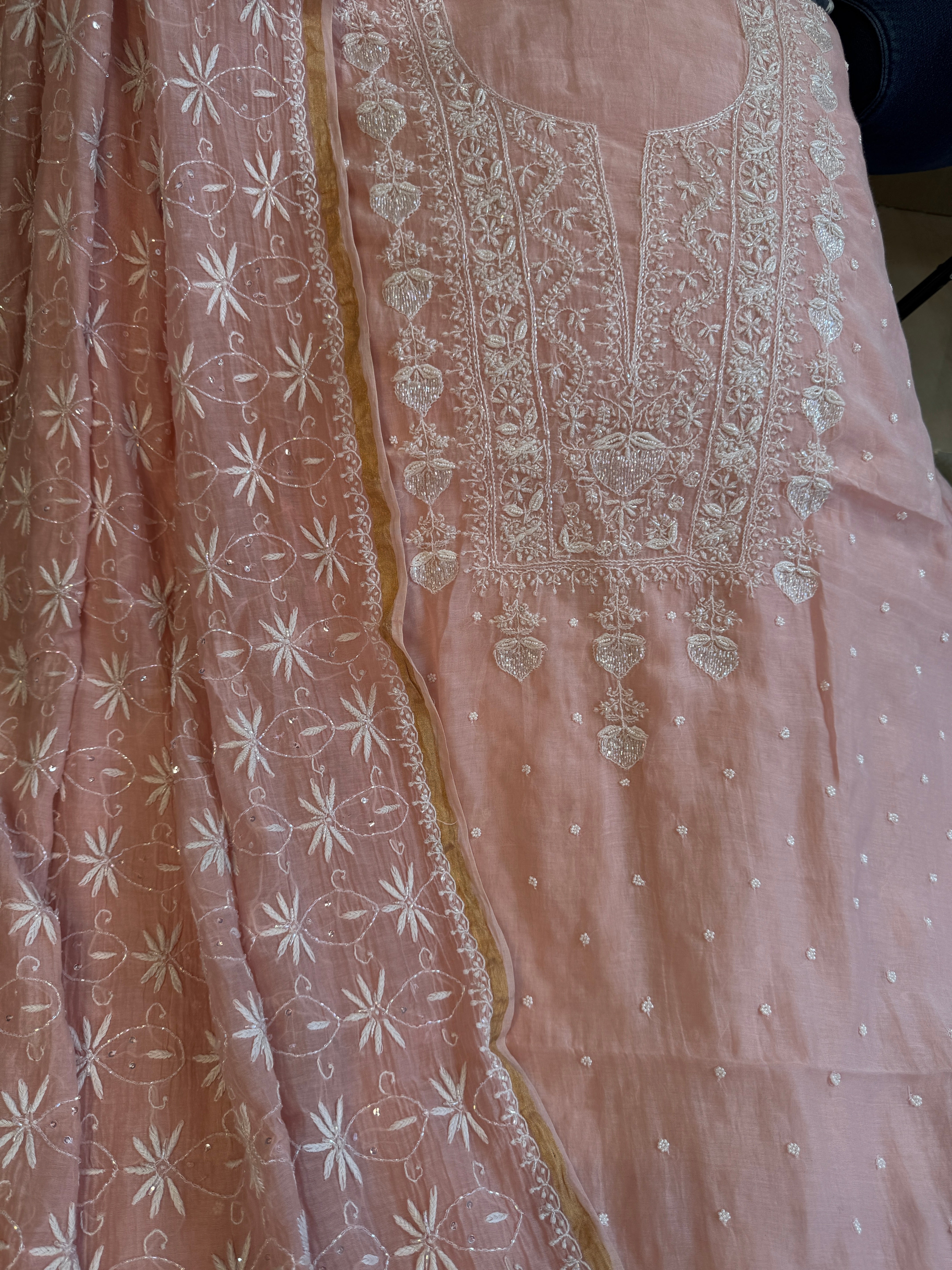 Mul Chanderi Chikankari  - Peach ARIAA CHIKANKARI 