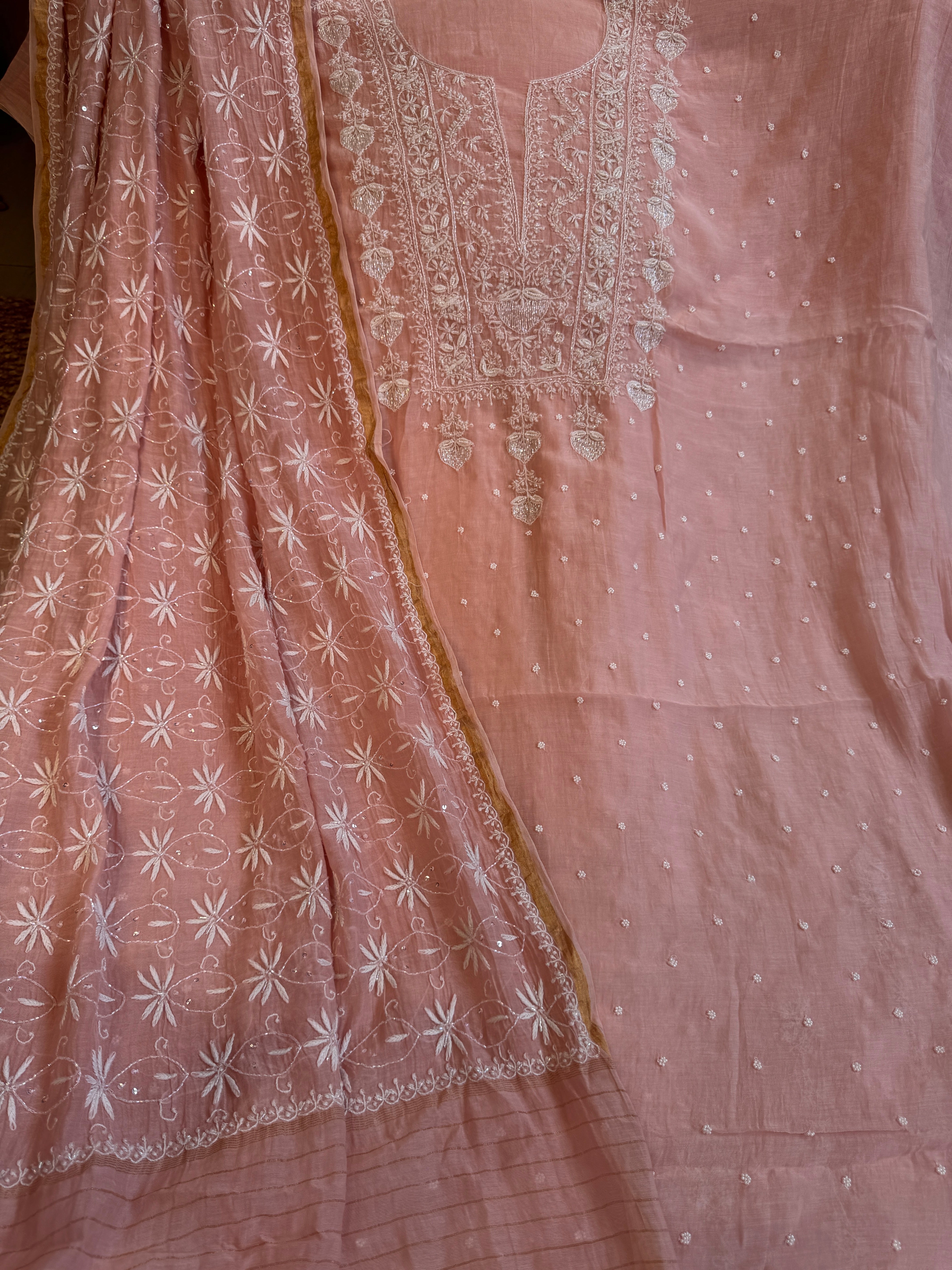 Mul Chanderi Chikankari  - Peach ARIAA CHIKANKARI 