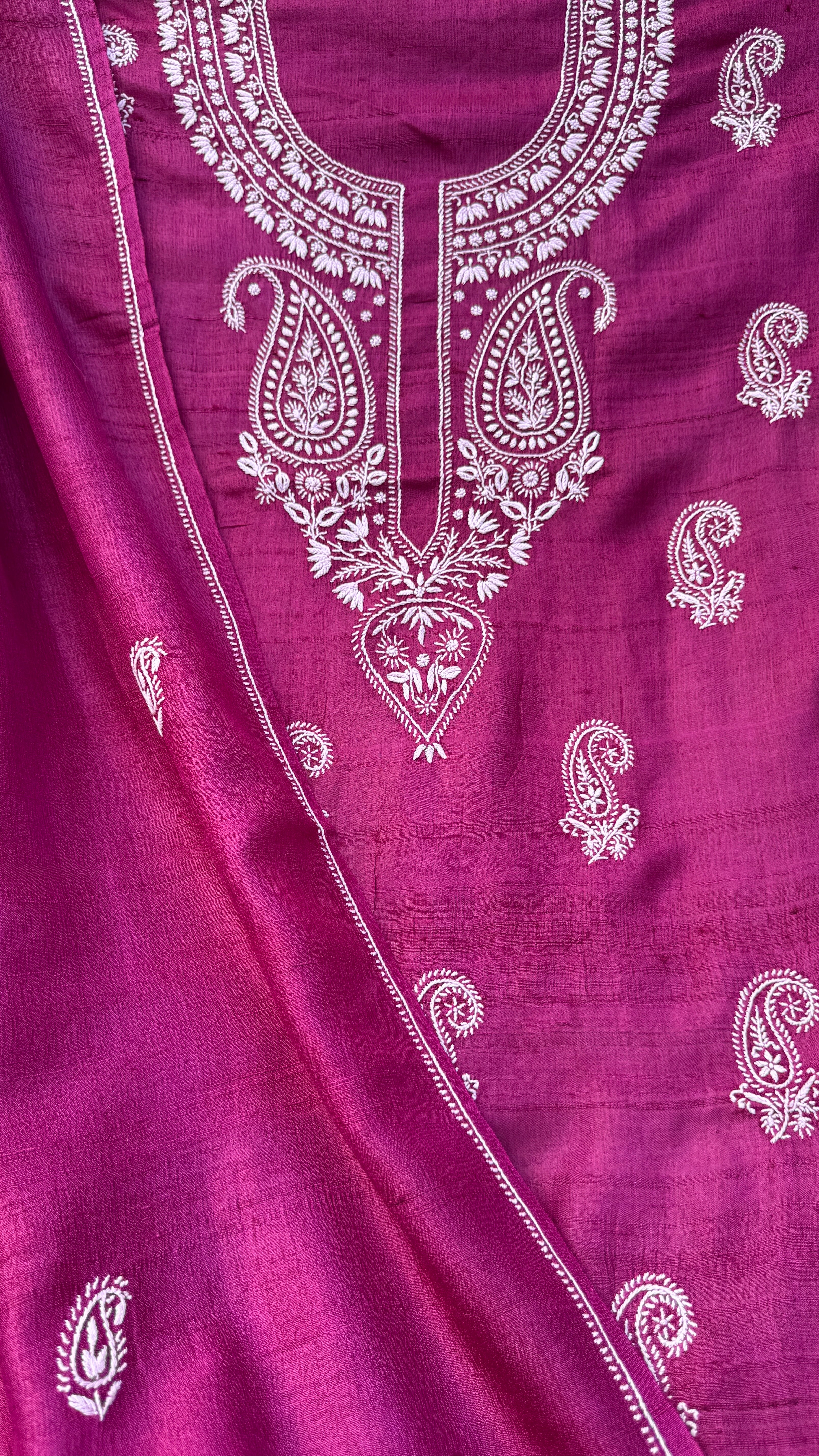 Pure Khadi Silk Chikankari Length with Dupatta - Berry Pink