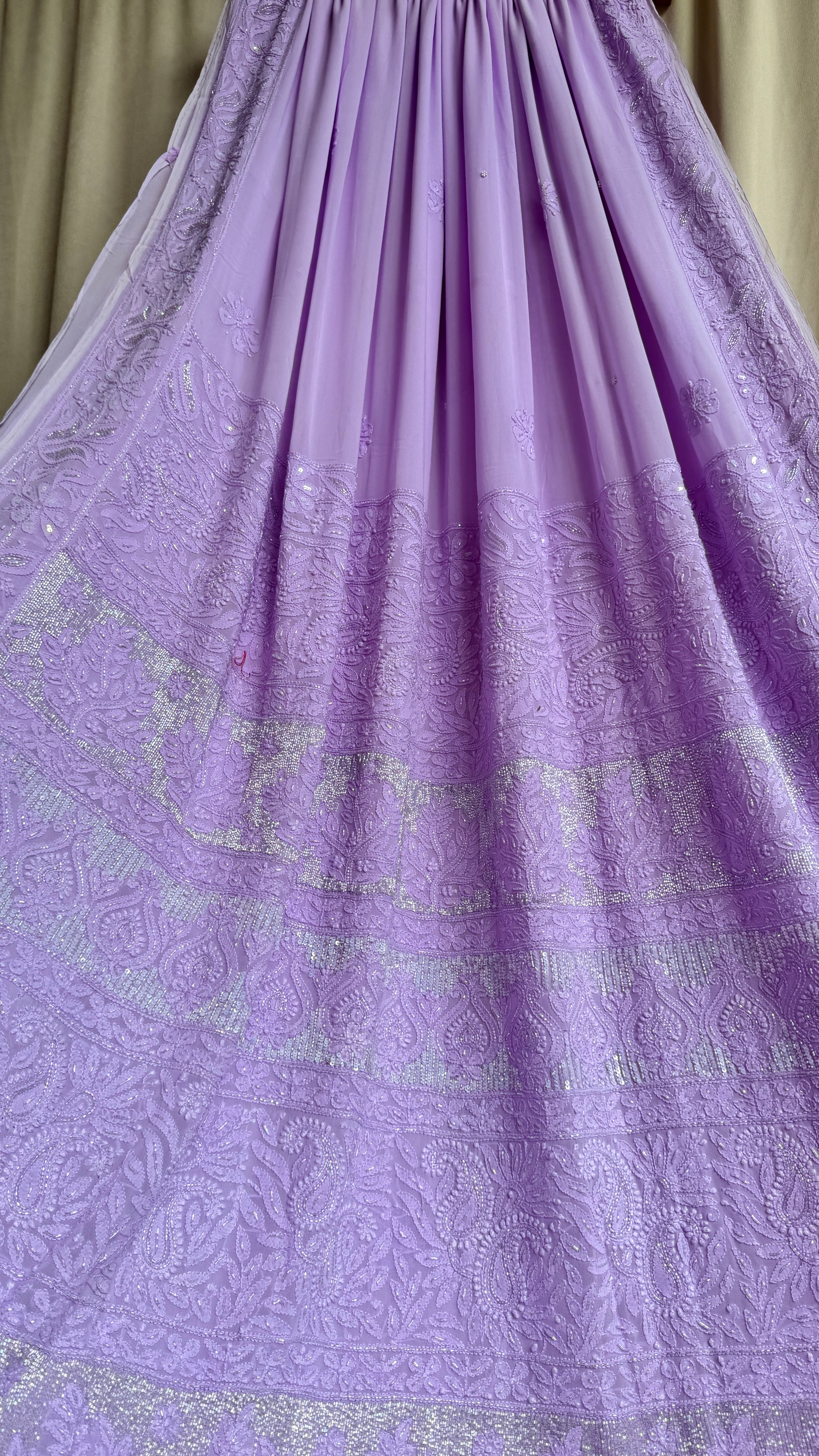 Viscose Lavender Chikankari saree with Pearl embellishments