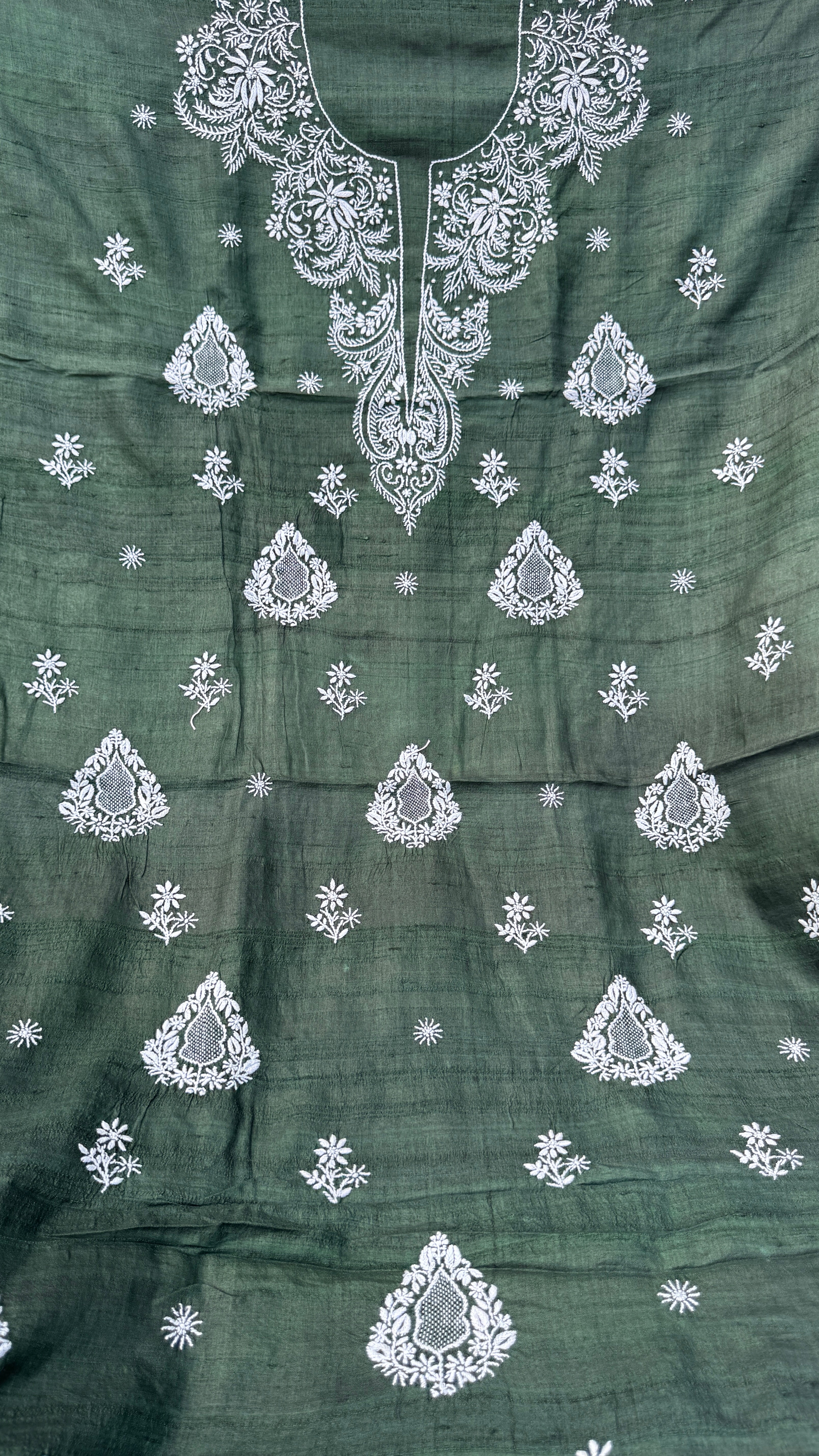 Pure Khadi Silk Chikankari Length with Dupatta - Pine Green