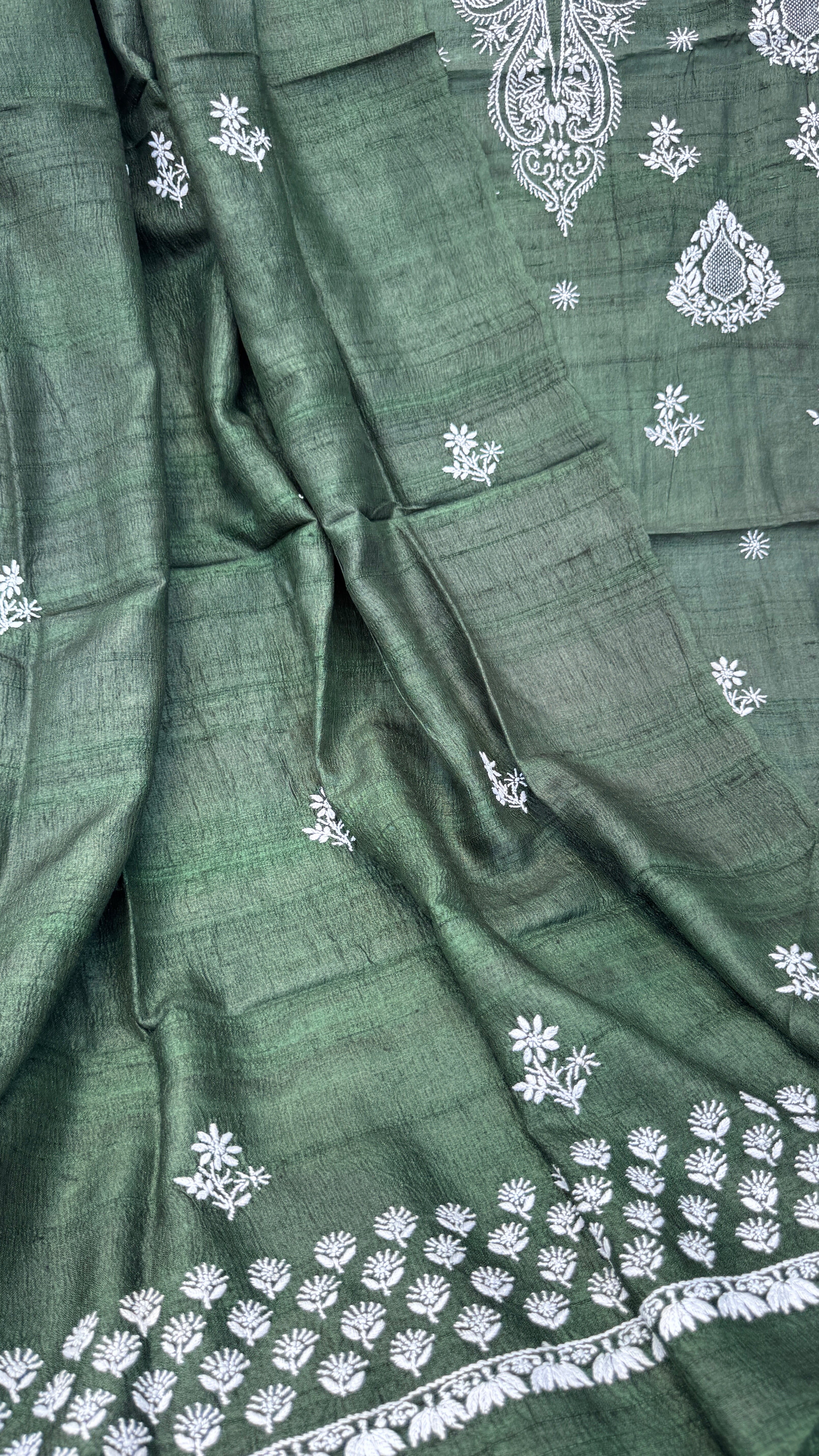 Pure Khadi Silk Chikankari Length with Dupatta - Pine Green