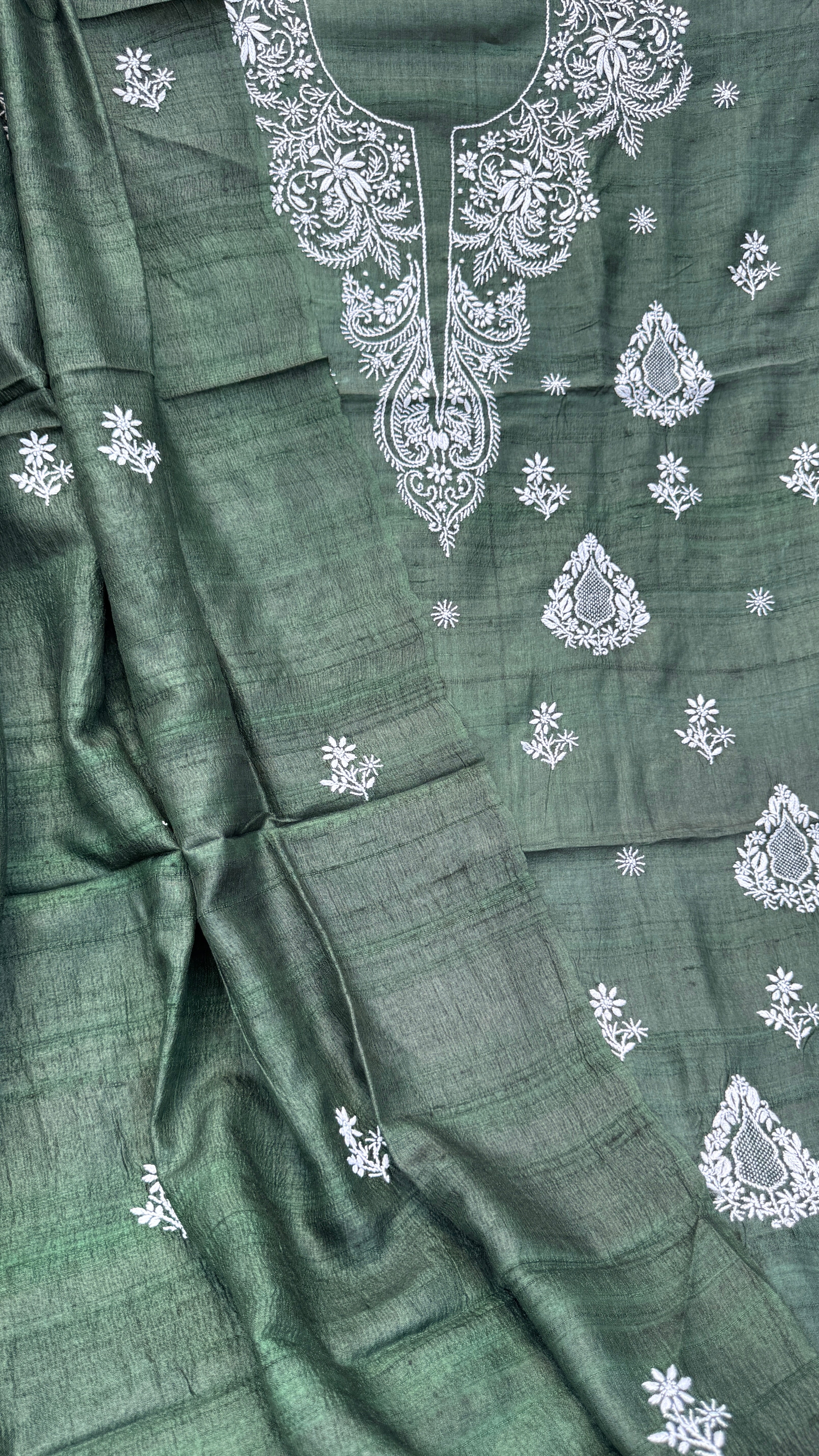 Pure Khadi Silk Chikankari Length with Dupatta - Pine Green