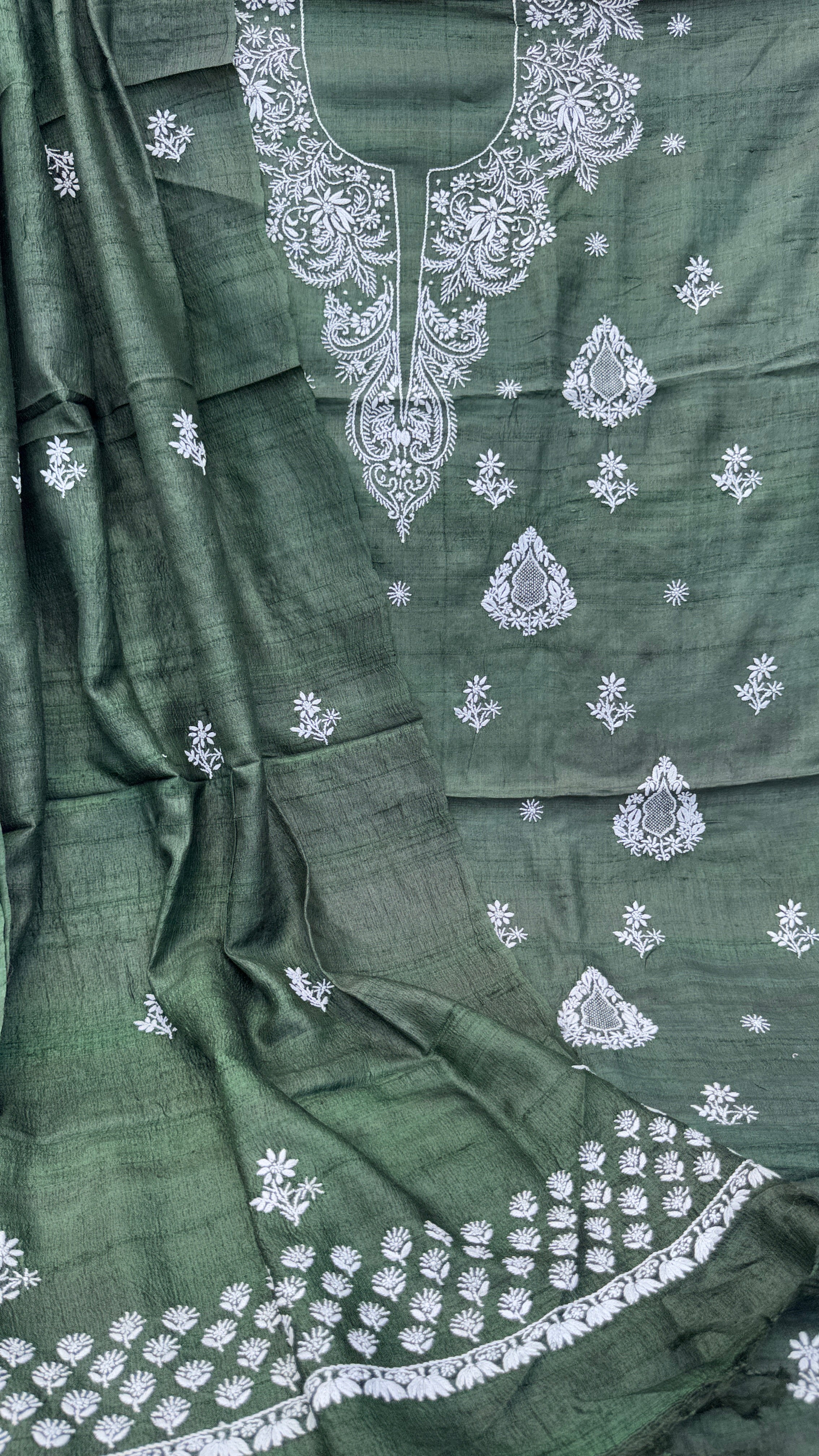 Pure Khadi Silk Chikankari Length with Dupatta - Pine Green