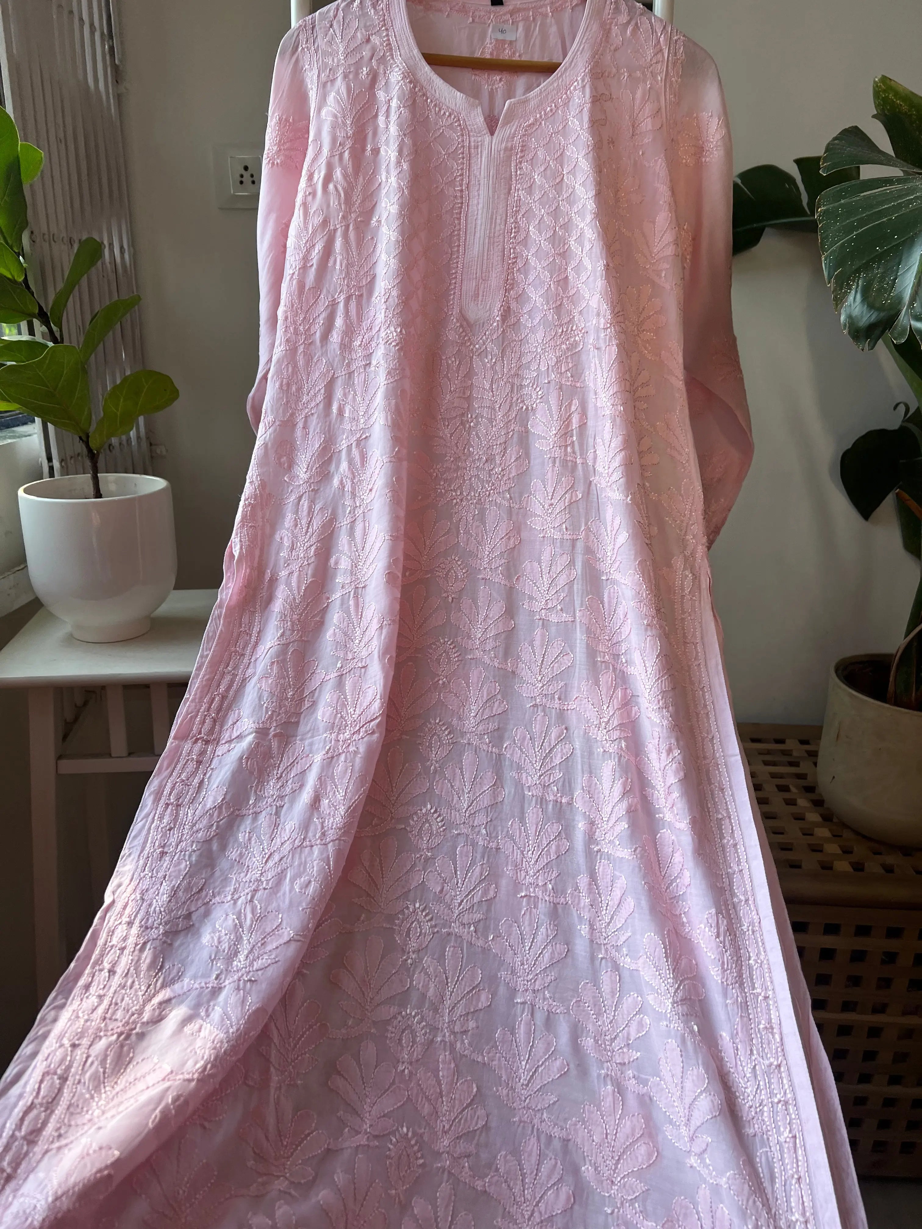 Muslin Chikankari Kurti - Baby Pink ARIAA CHIKANKARI 