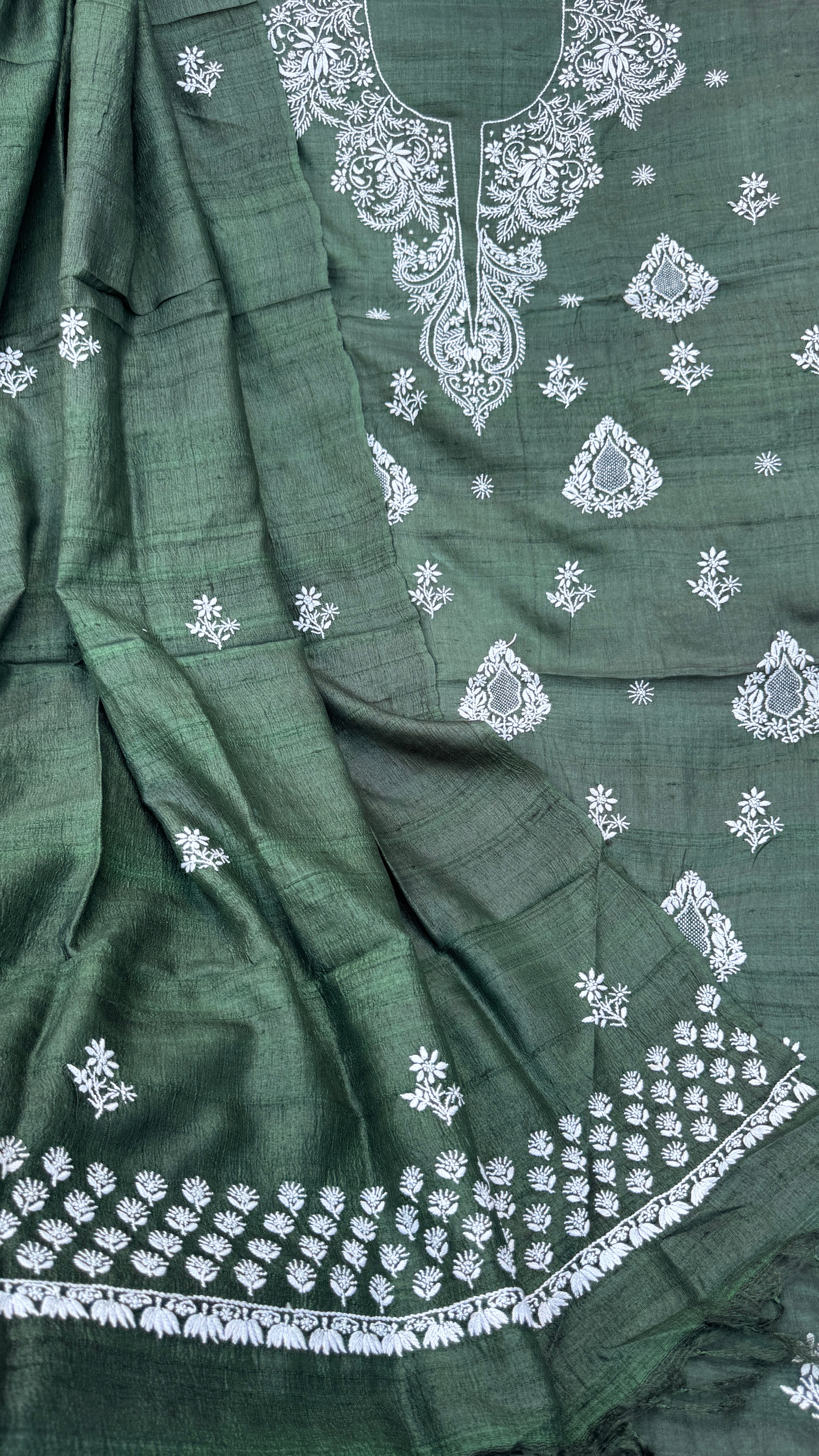 Pure Khadi Silk Chikankari Length with Dupatta - Pine Green