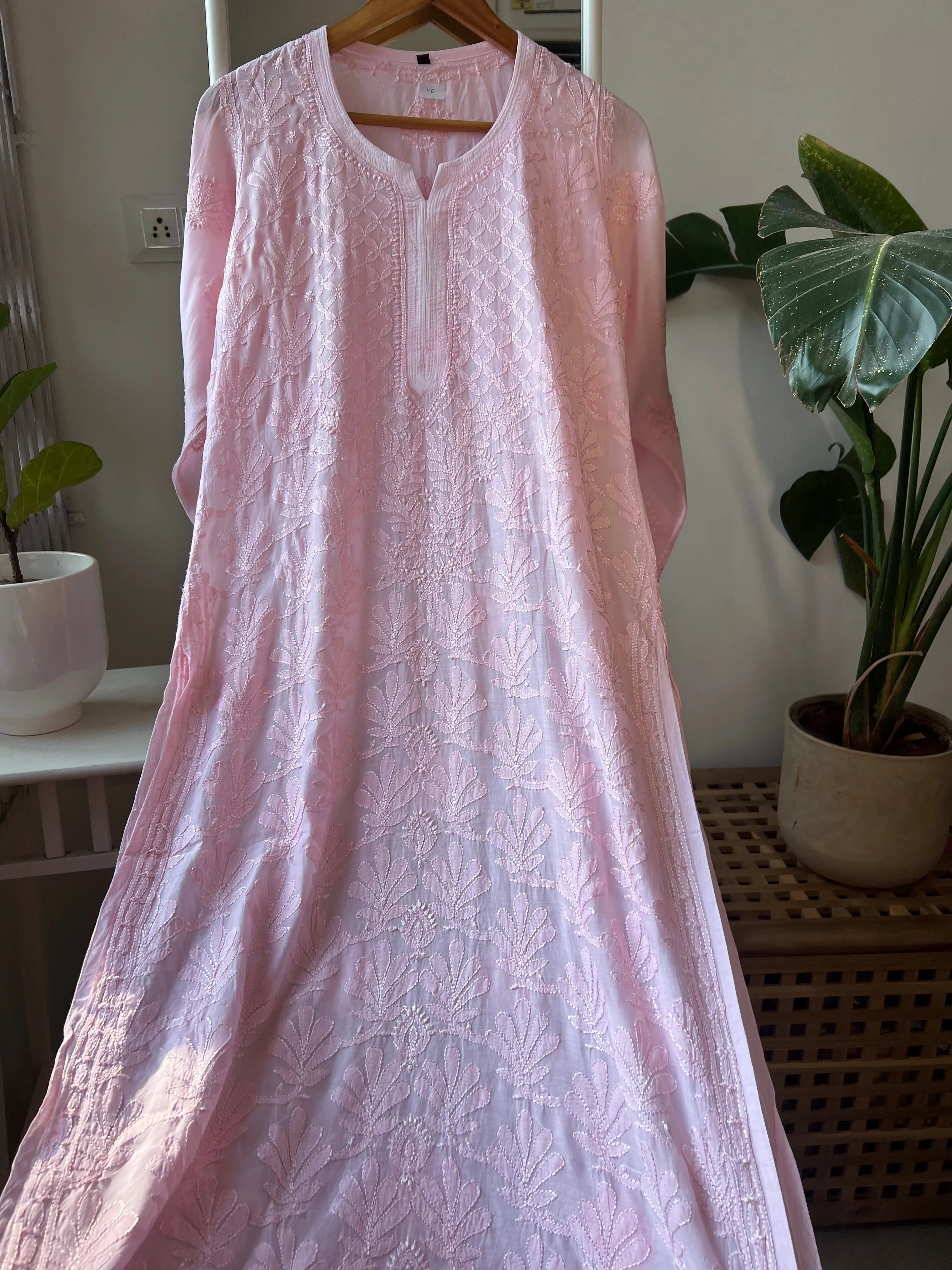 Muslin Chikankari Kurti - Baby Pink ARIAA CHIKANKARI 