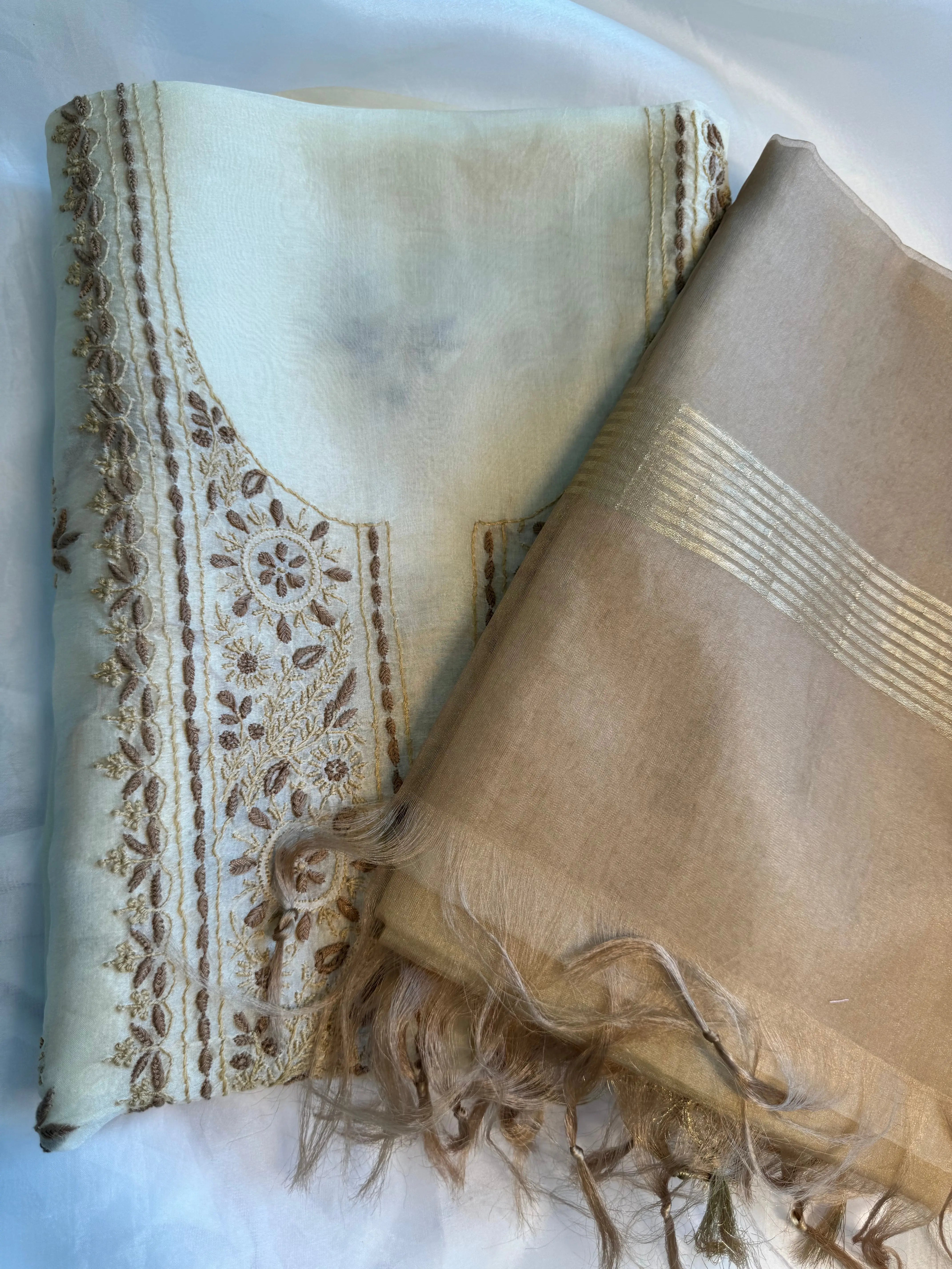 Organza Length with Dupatta - Beige ARIAA CHIKANKARI 