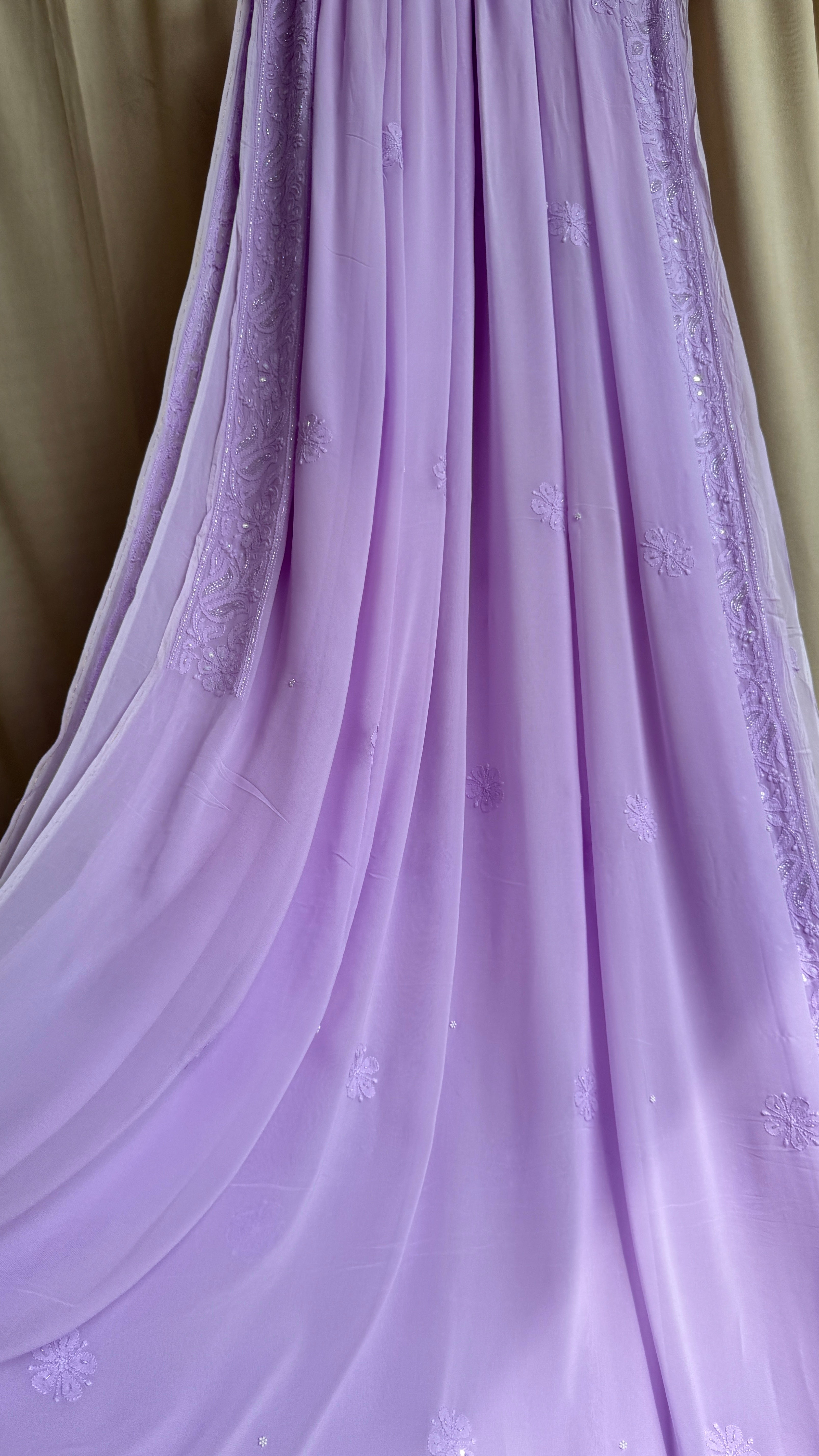 Viscose Lavender Chikankari saree with Pearl embellishments