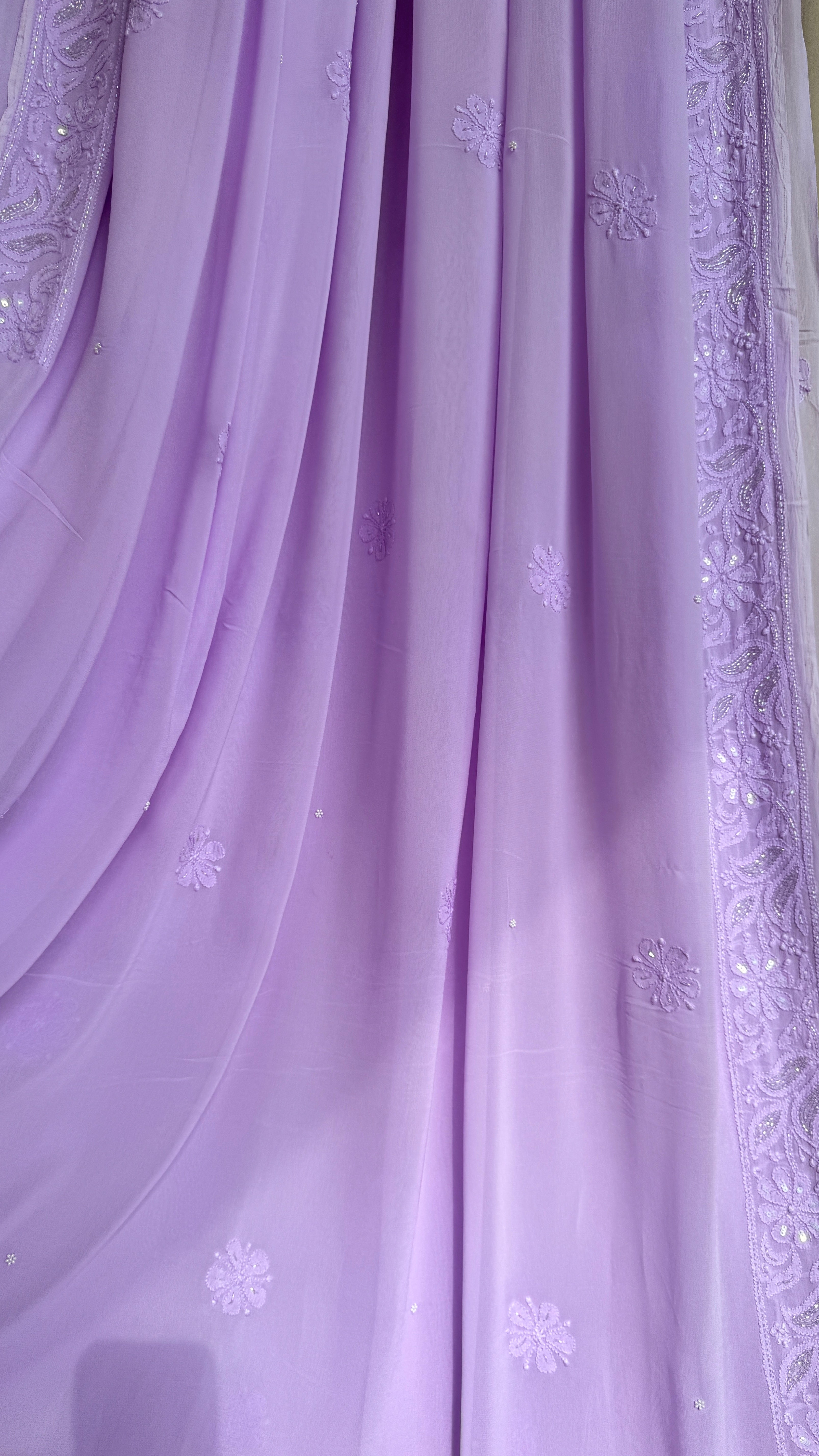 Viscose Lavender Chikankari saree with Pearl embellishments