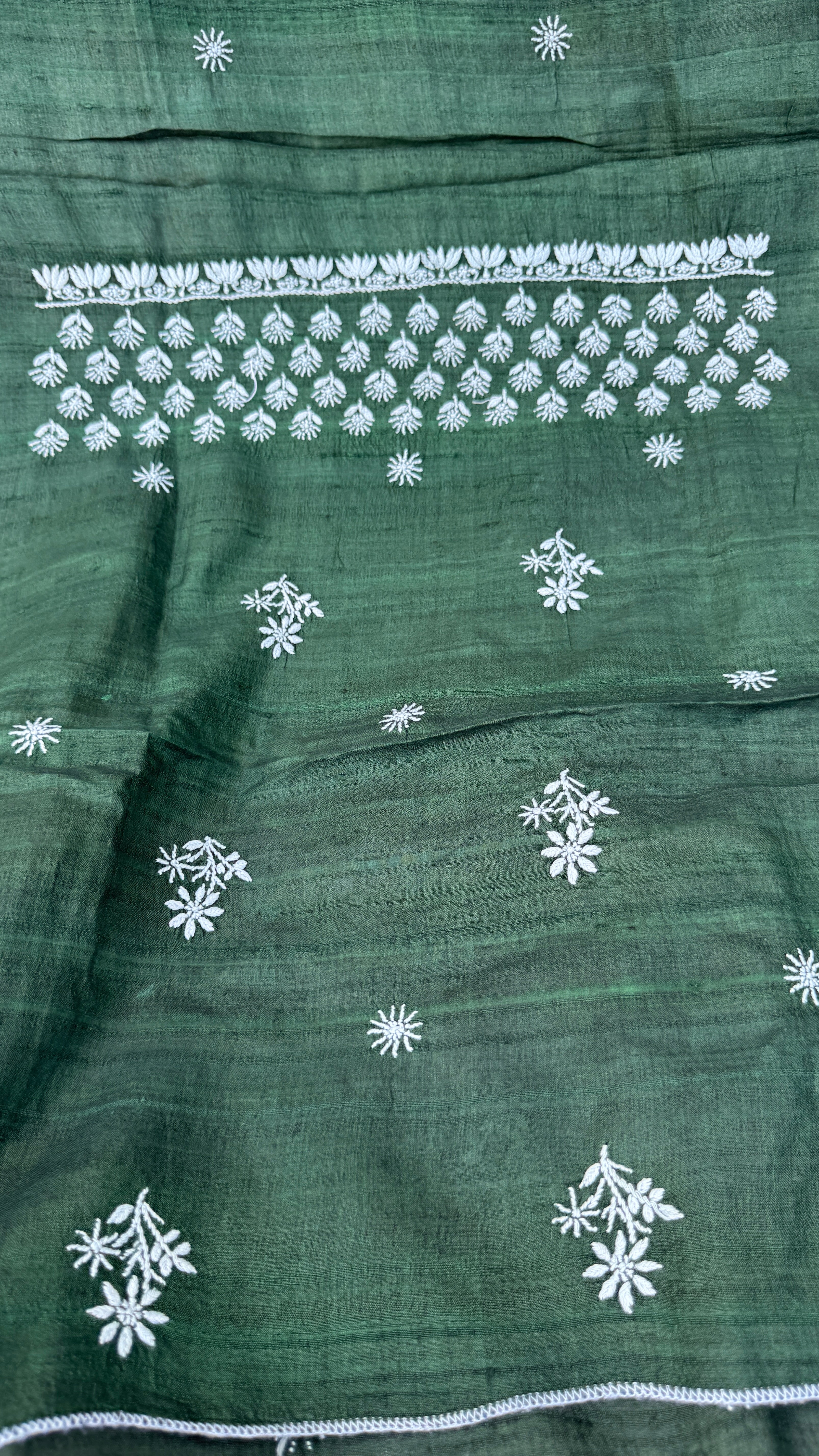 Pure Khadi Silk Chikankari Length with Dupatta - Pine Green