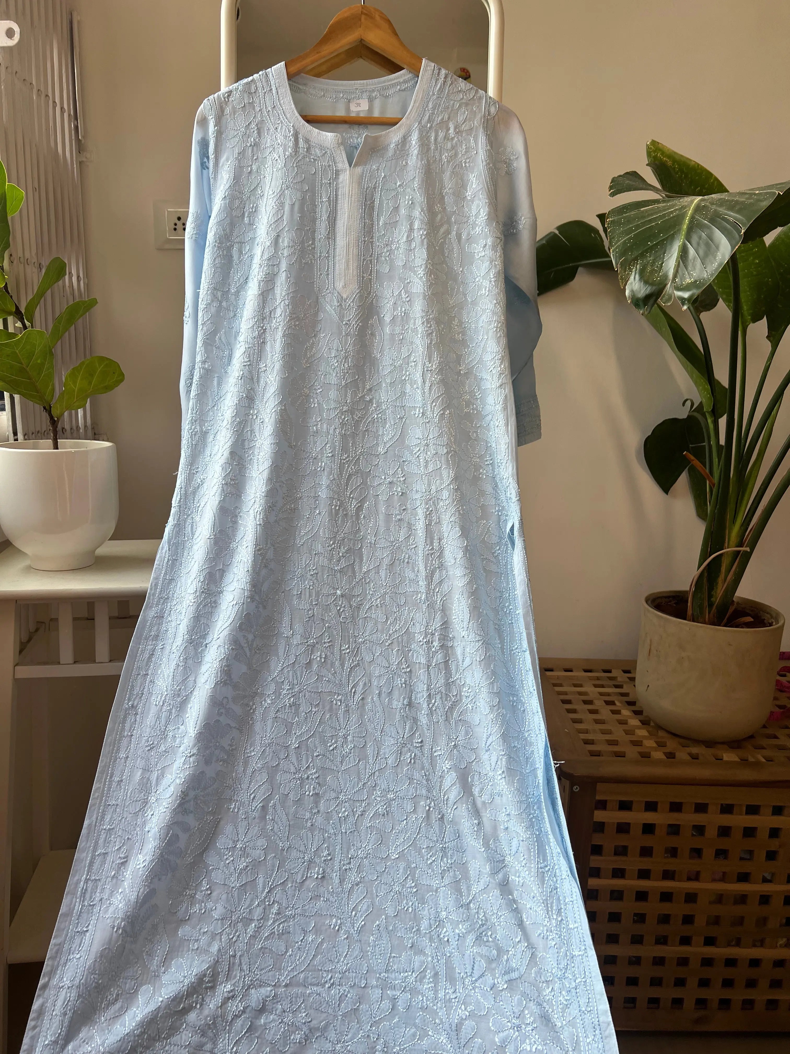 Muslin Chikankari Kurti - Light Blue ARIAA CHIKANKARI 