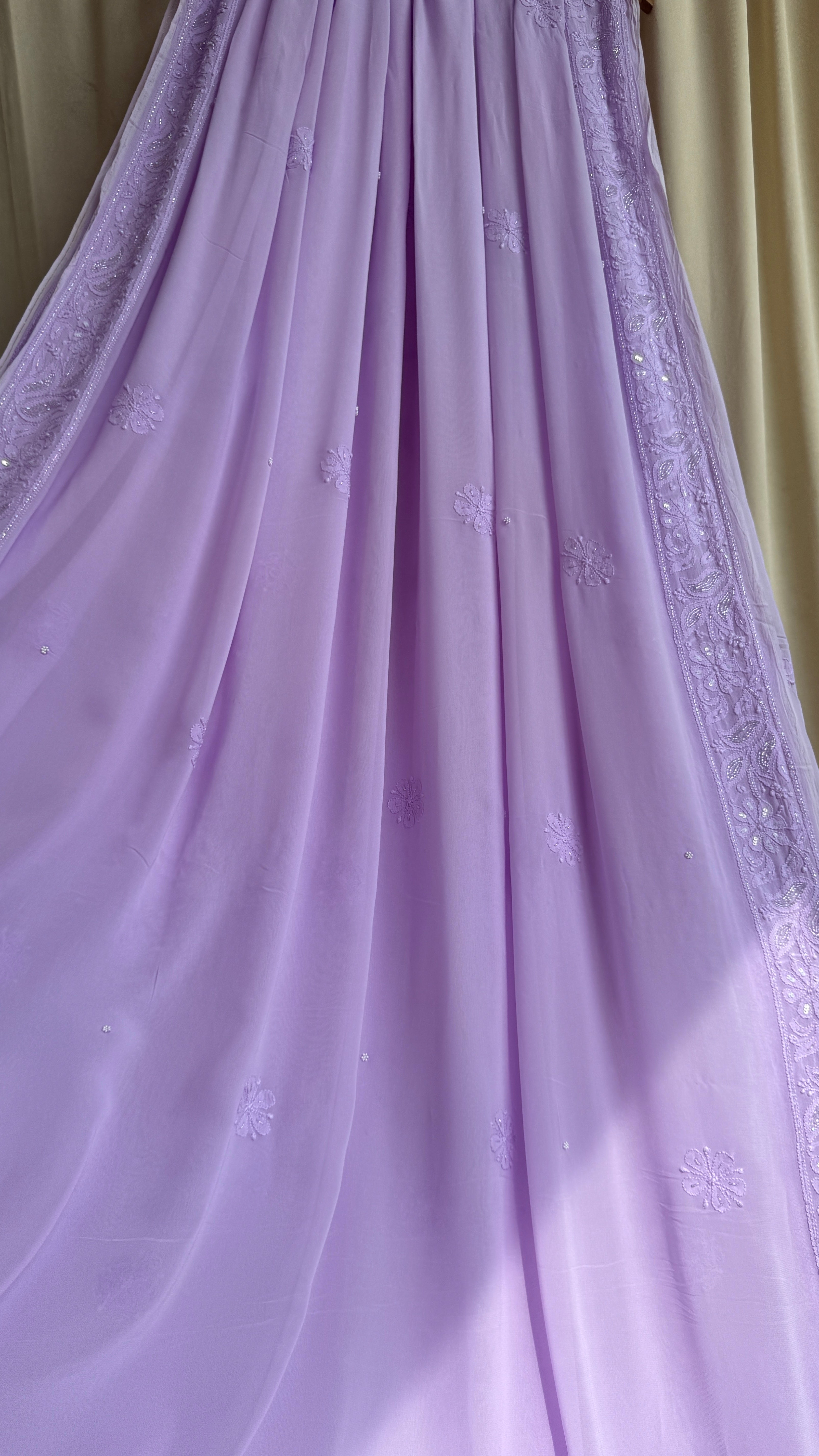 Viscose Lavender Chikankari saree with Pearl embellishments