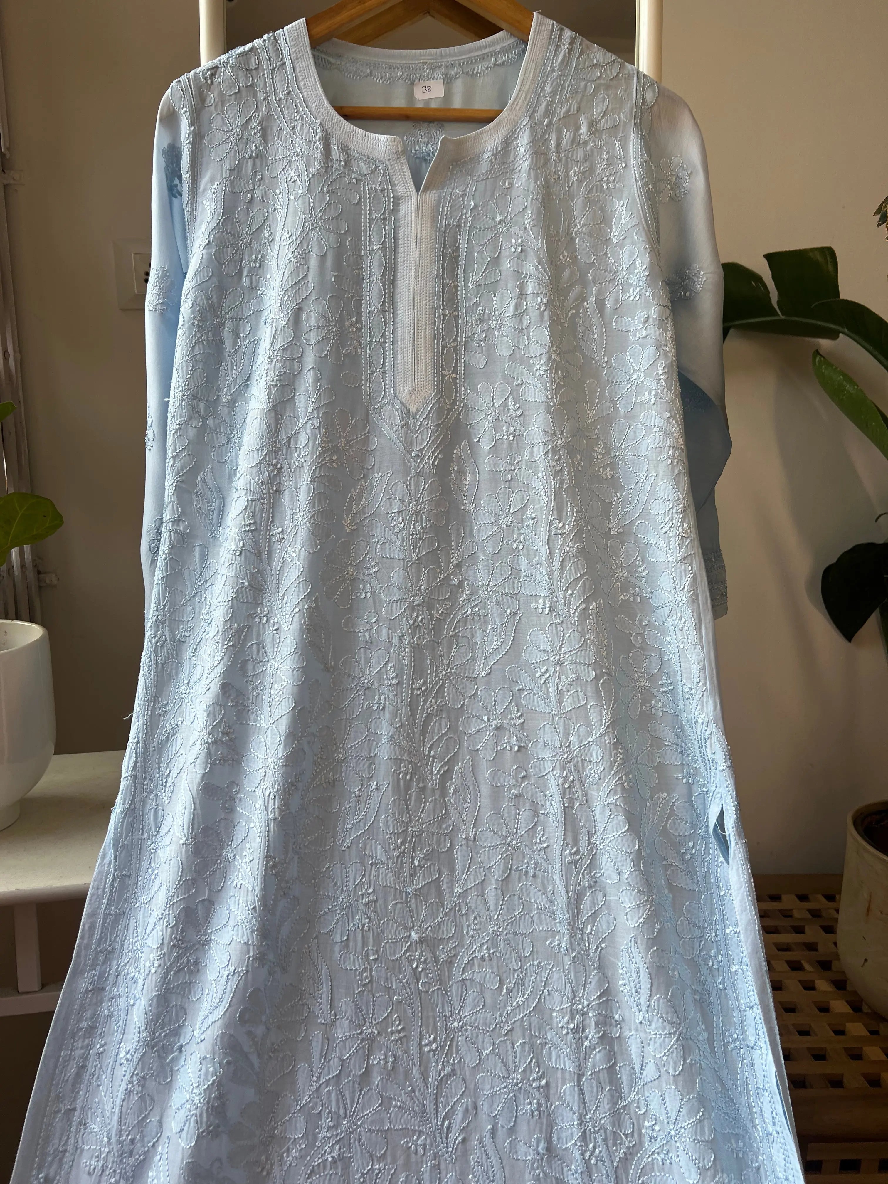 Muslin Chikankari Kurti - Light Blue ARIAA CHIKANKARI 