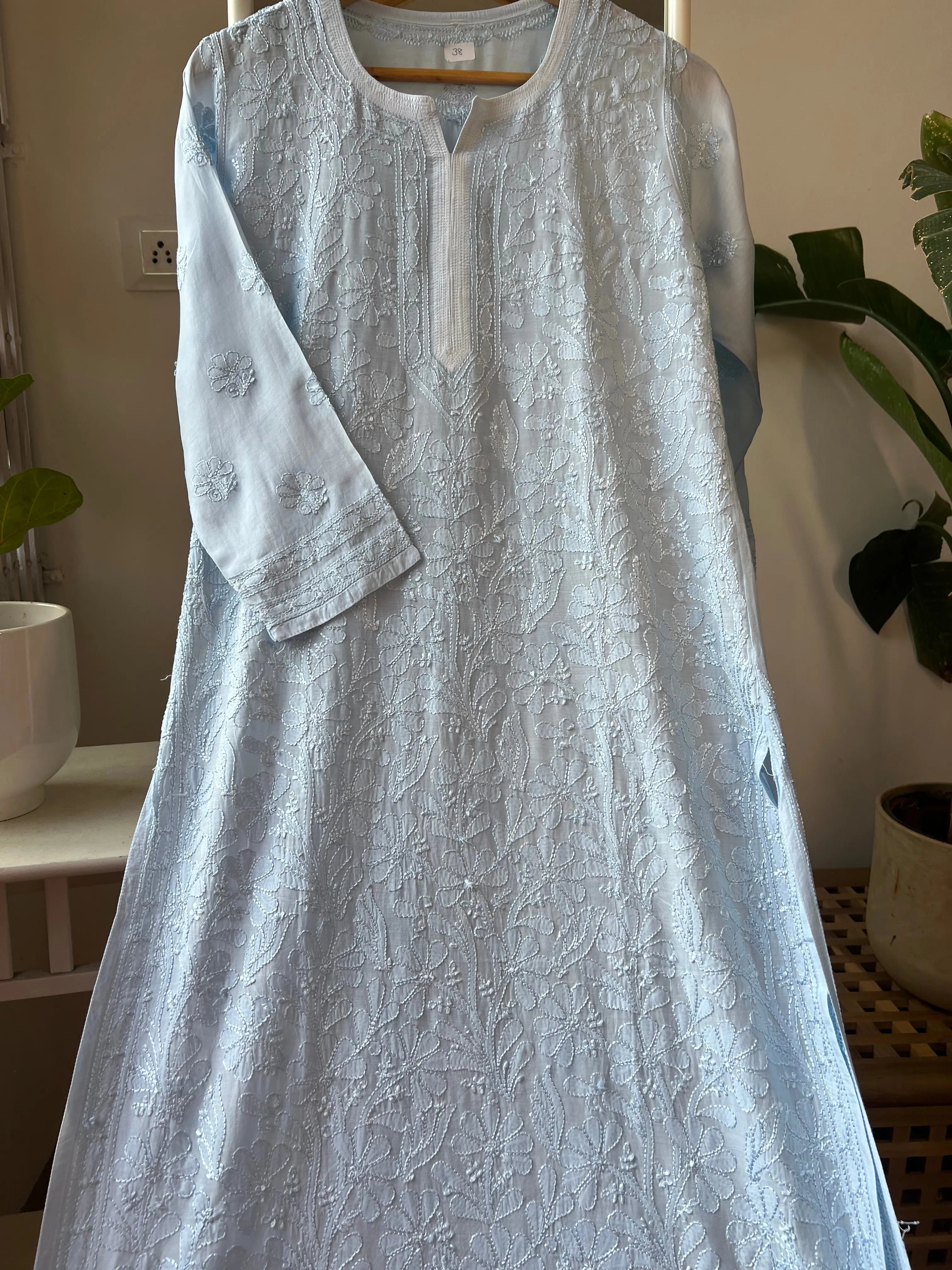 Muslin Chikankari Kurti - Light Blue ARIAA CHIKANKARI 