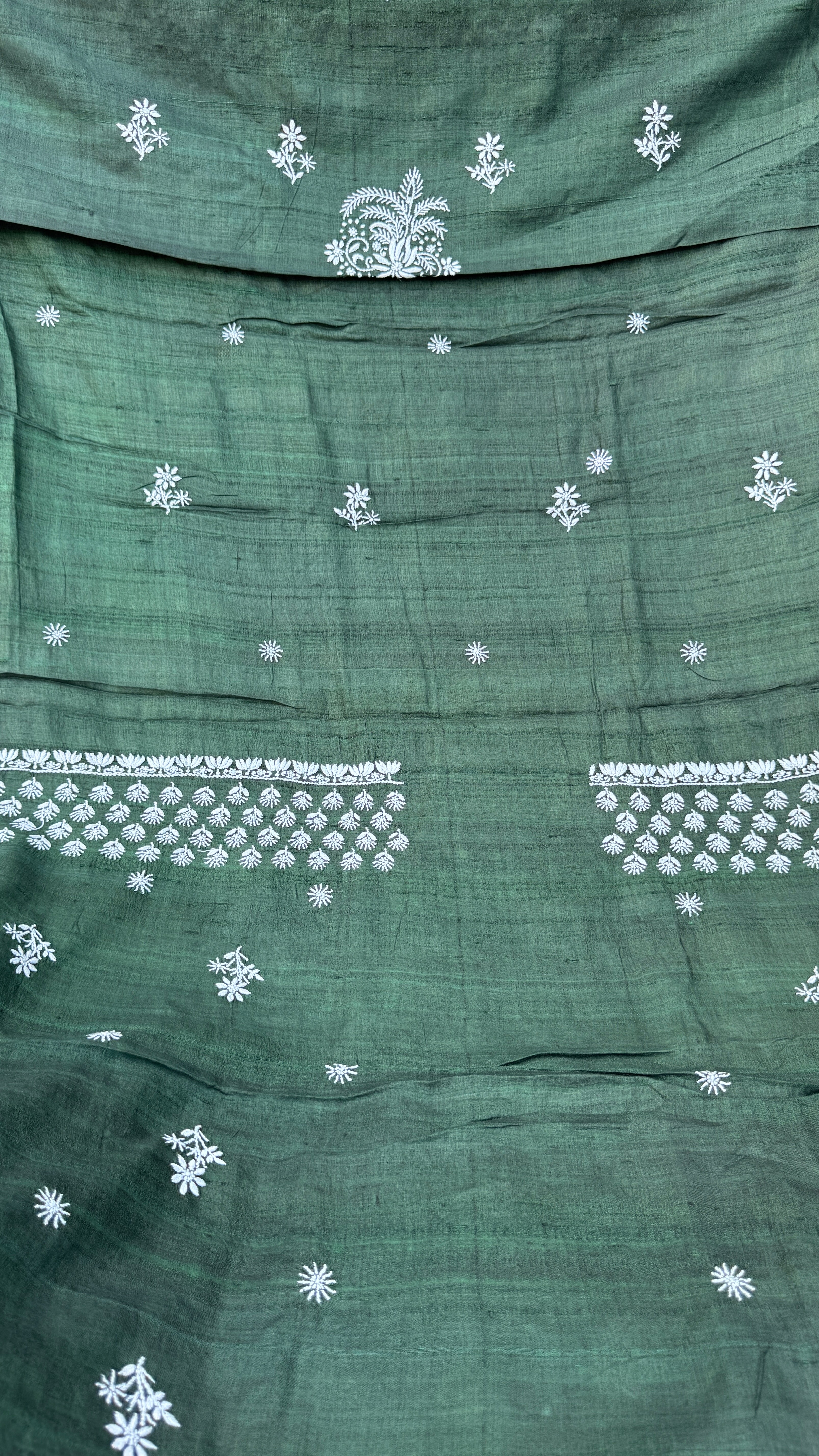 Pure Khadi Silk Chikankari Length with Dupatta - Pine Green