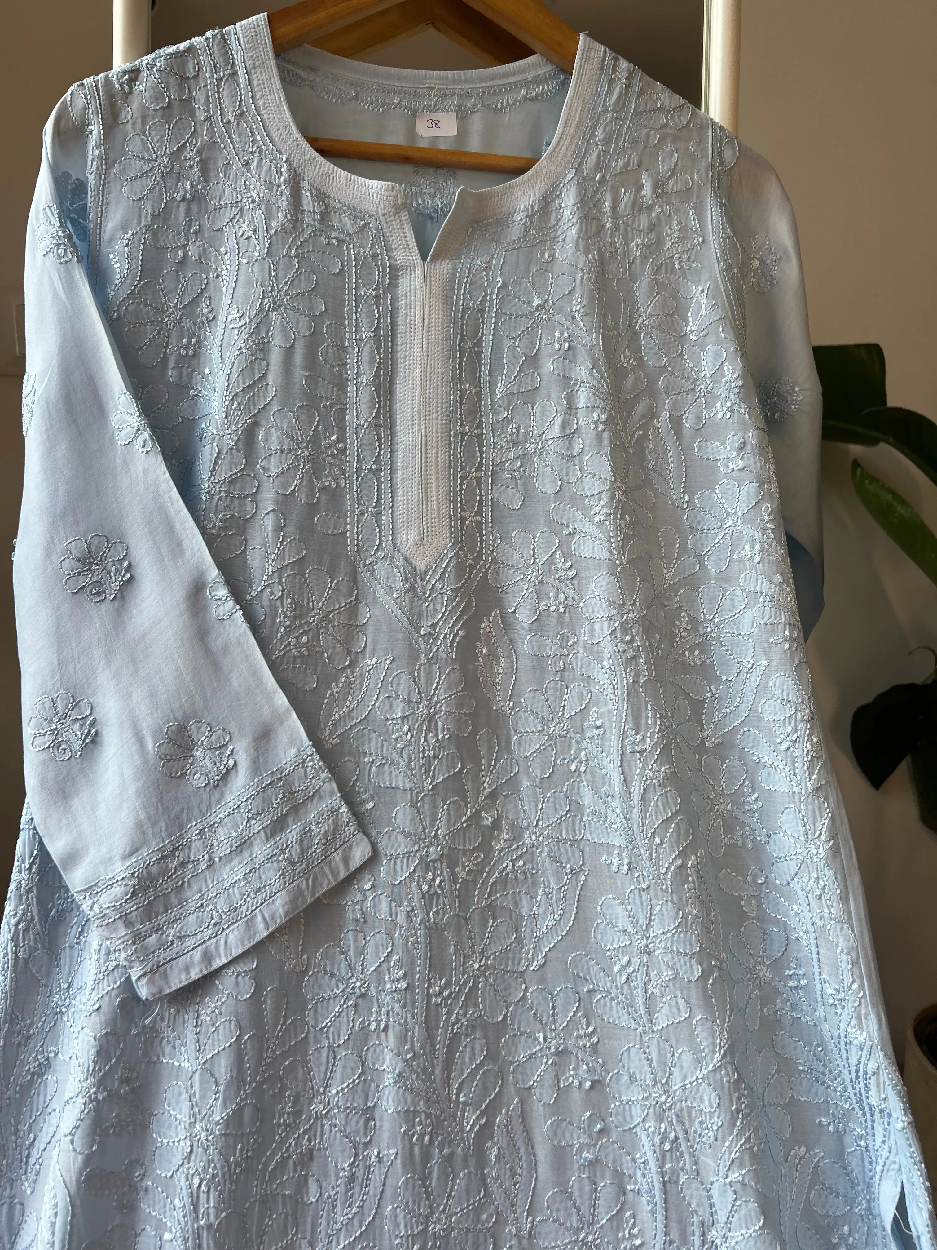 Muslin Chikankari Kurti - Light Blue ARIAA CHIKANKARI 