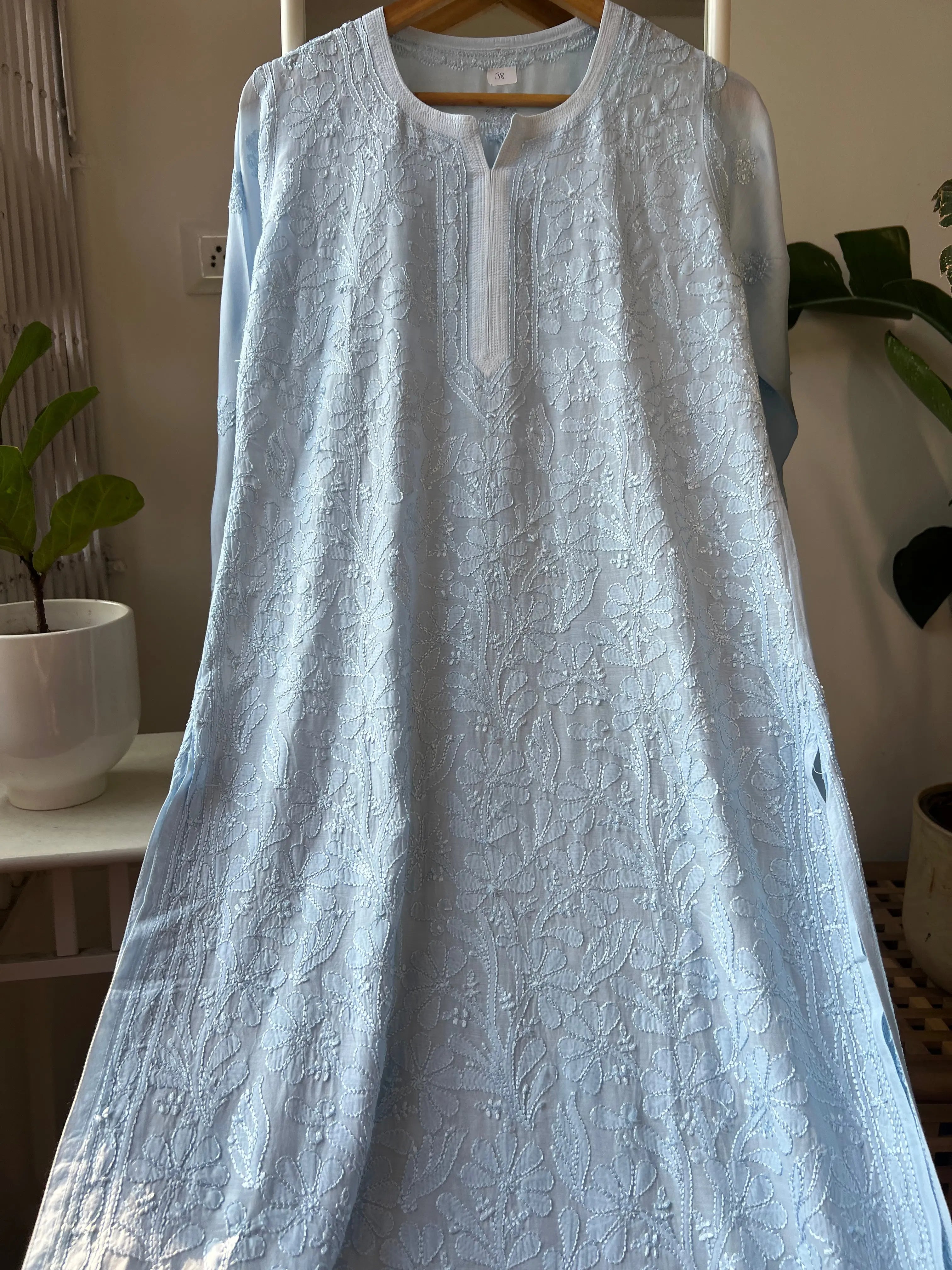 Muslin Chikankari Kurti - Light Blue ARIAA CHIKANKARI 