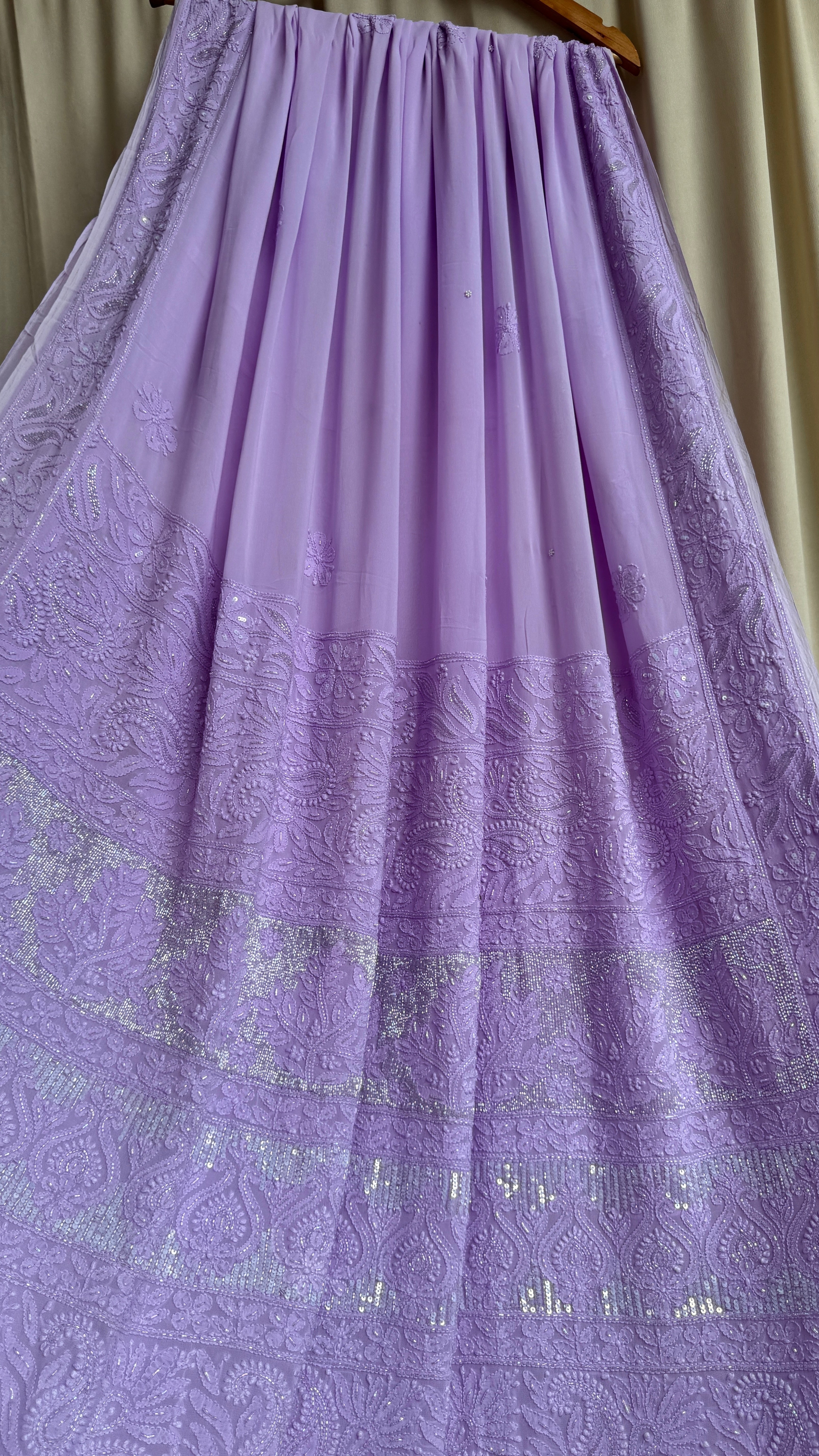 Viscose Lavender Chikankari saree with Pearl embellishments