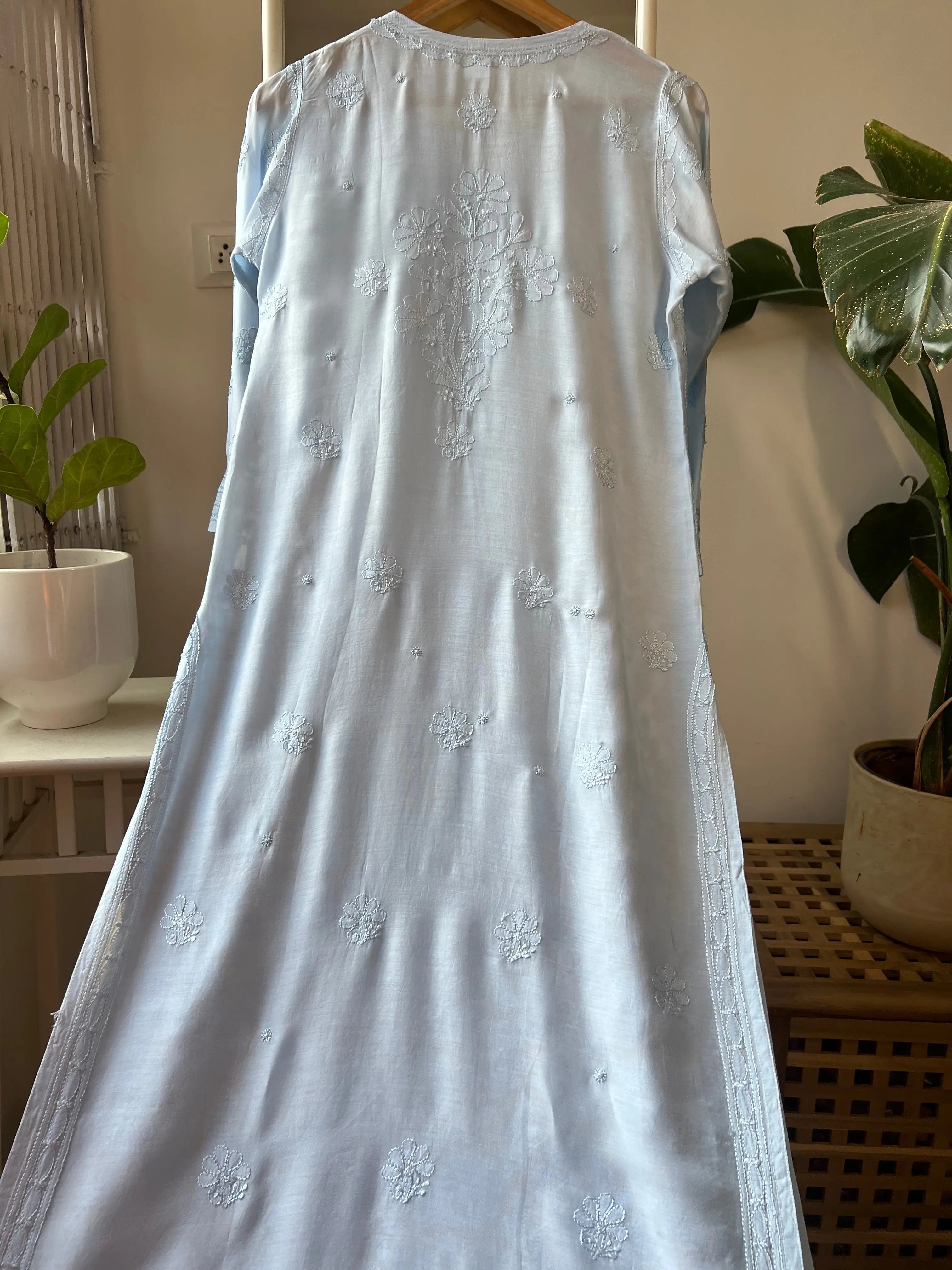 Muslin Chikankari Kurti - Light Blue ARIAA CHIKANKARI 