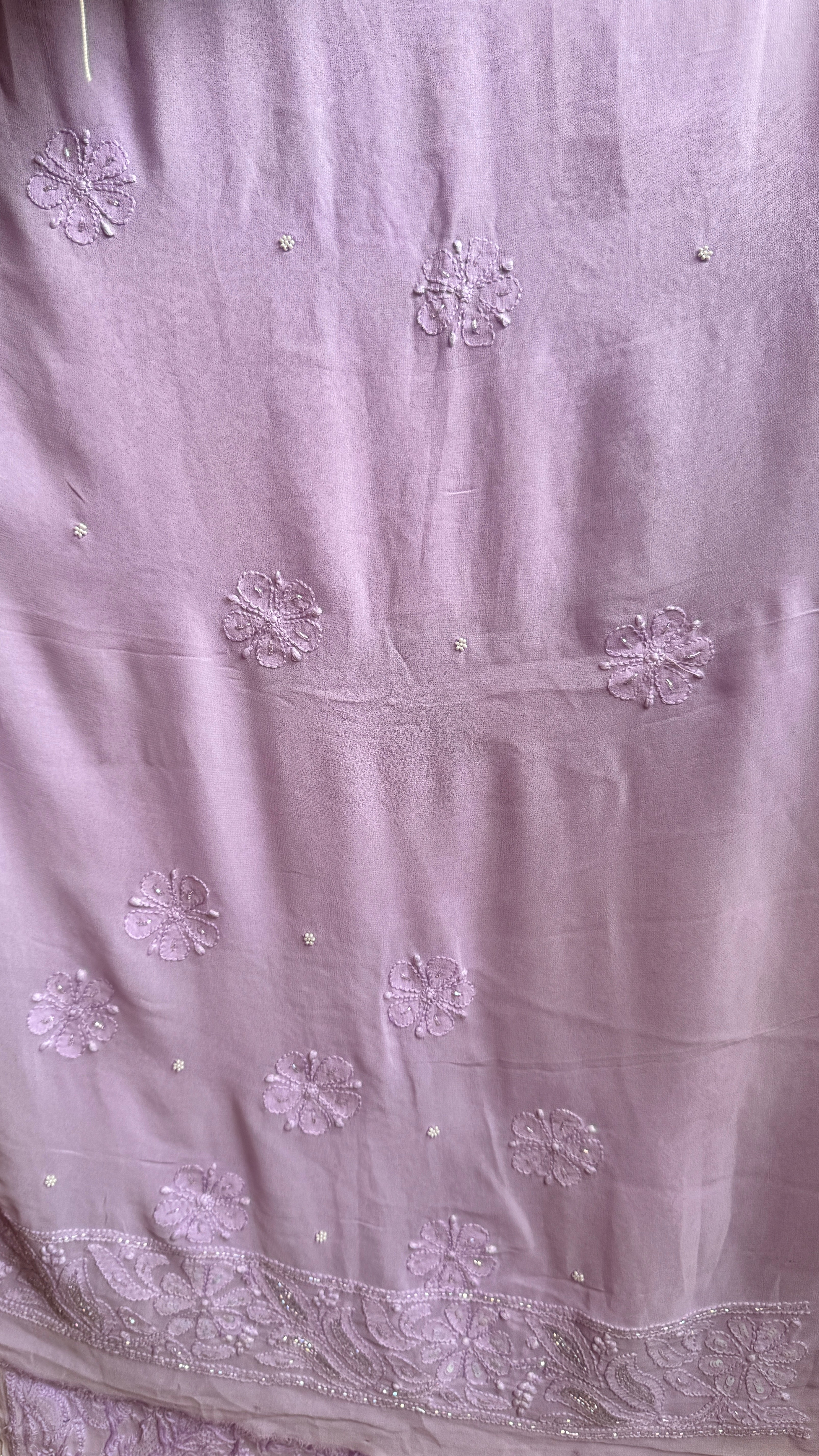 Viscose Lavender Chikankari saree with Pearl embellishments
