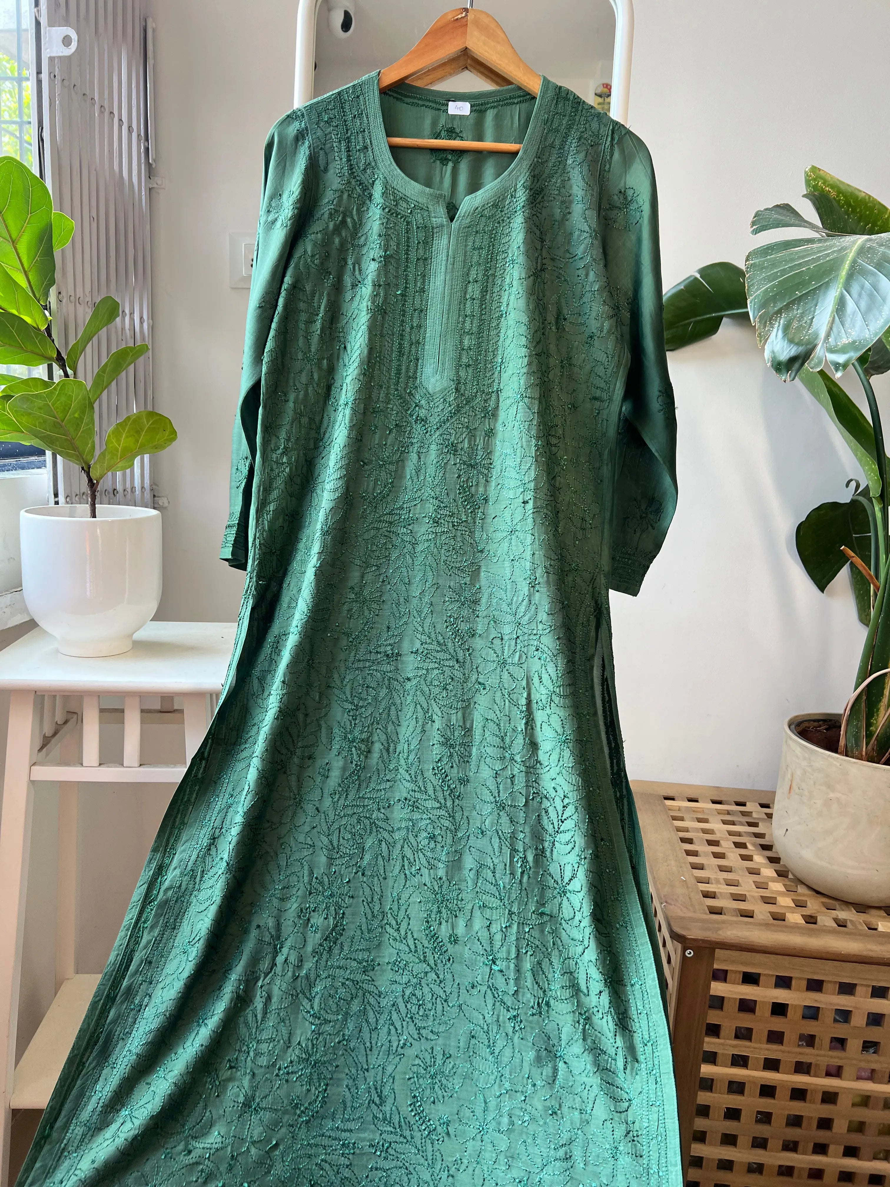 Muslin Chikankari Kurti - Dark Green ARIAA CHIKANKARI 