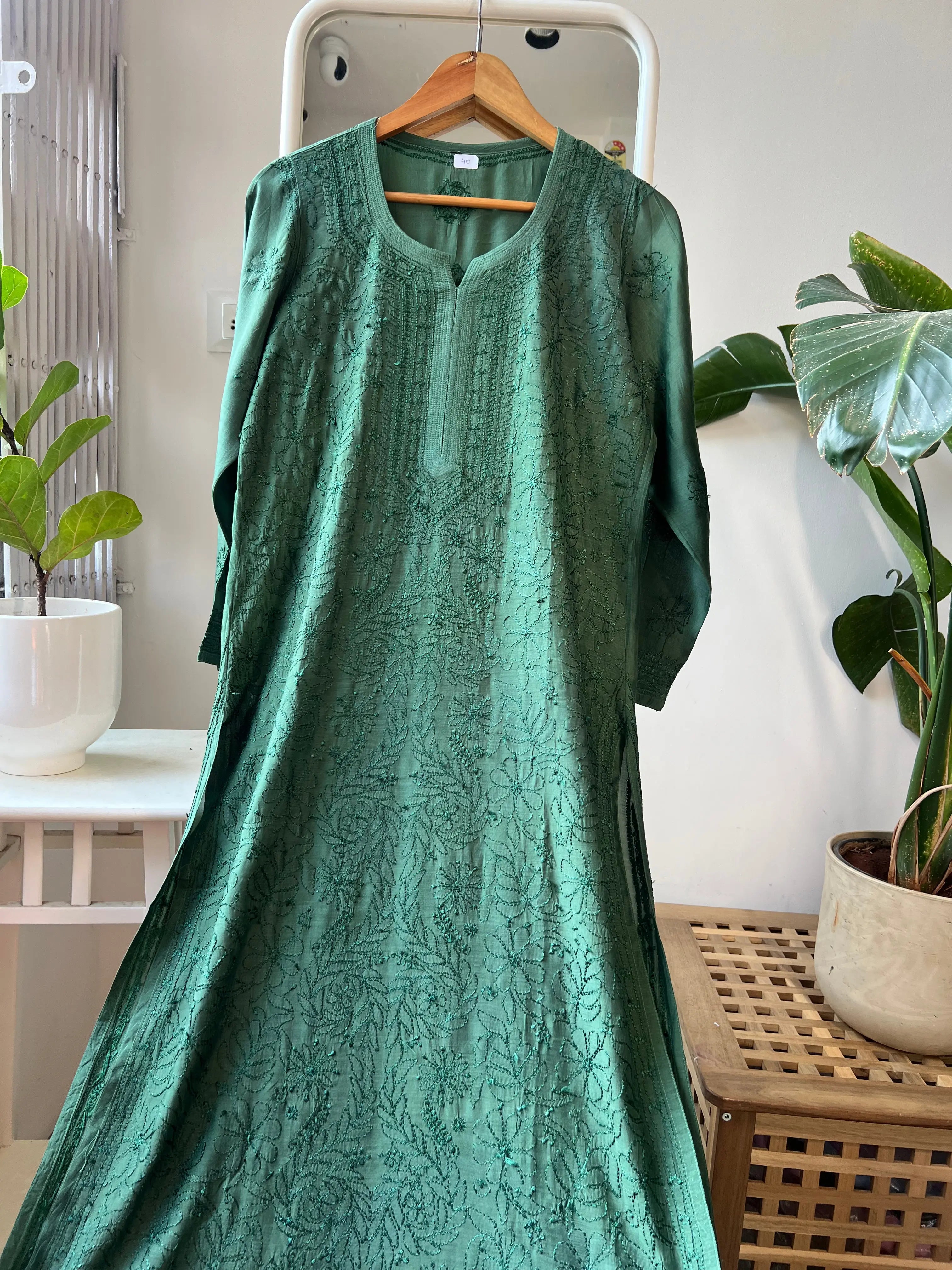 Muslin Chikankari Kurti - Dark Green ARIAA CHIKANKARI 