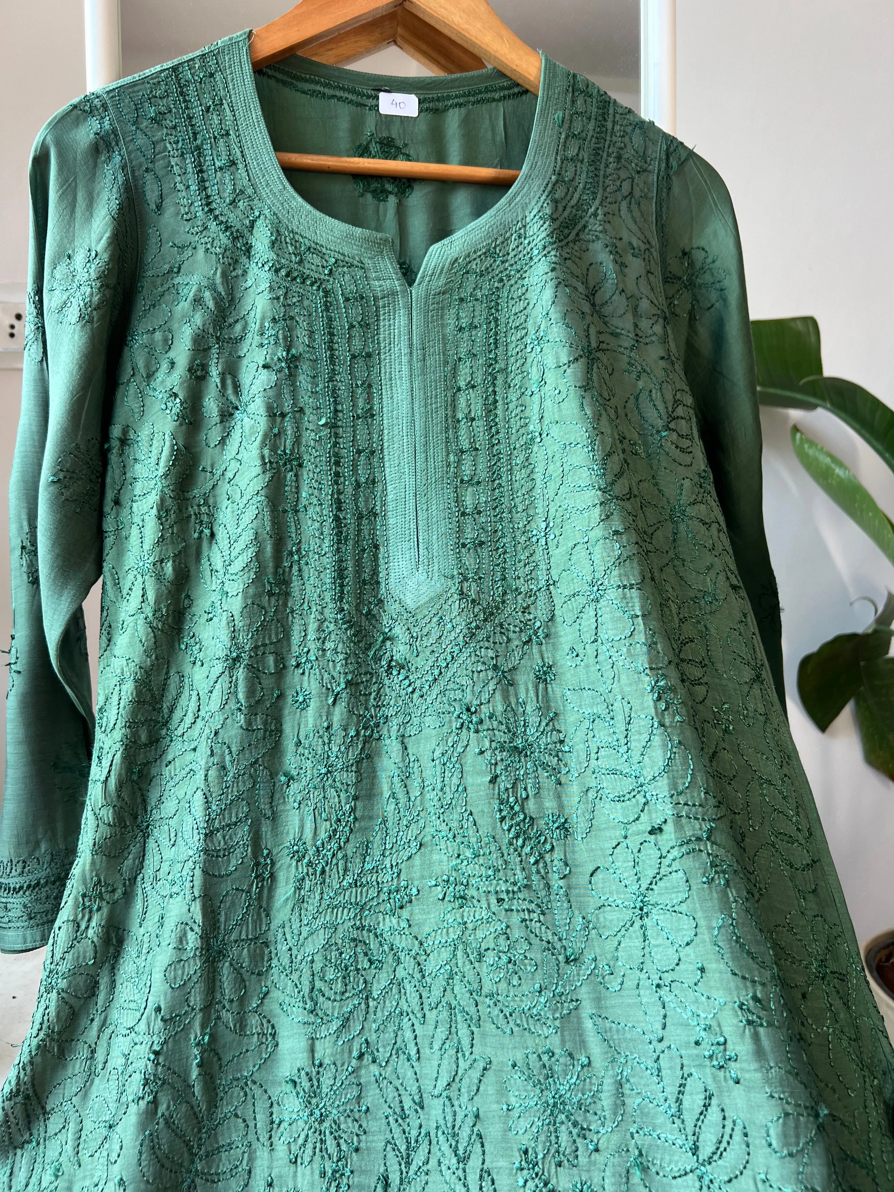 Muslin Chikankari Kurti - Dark Green ARIAA CHIKANKARI 