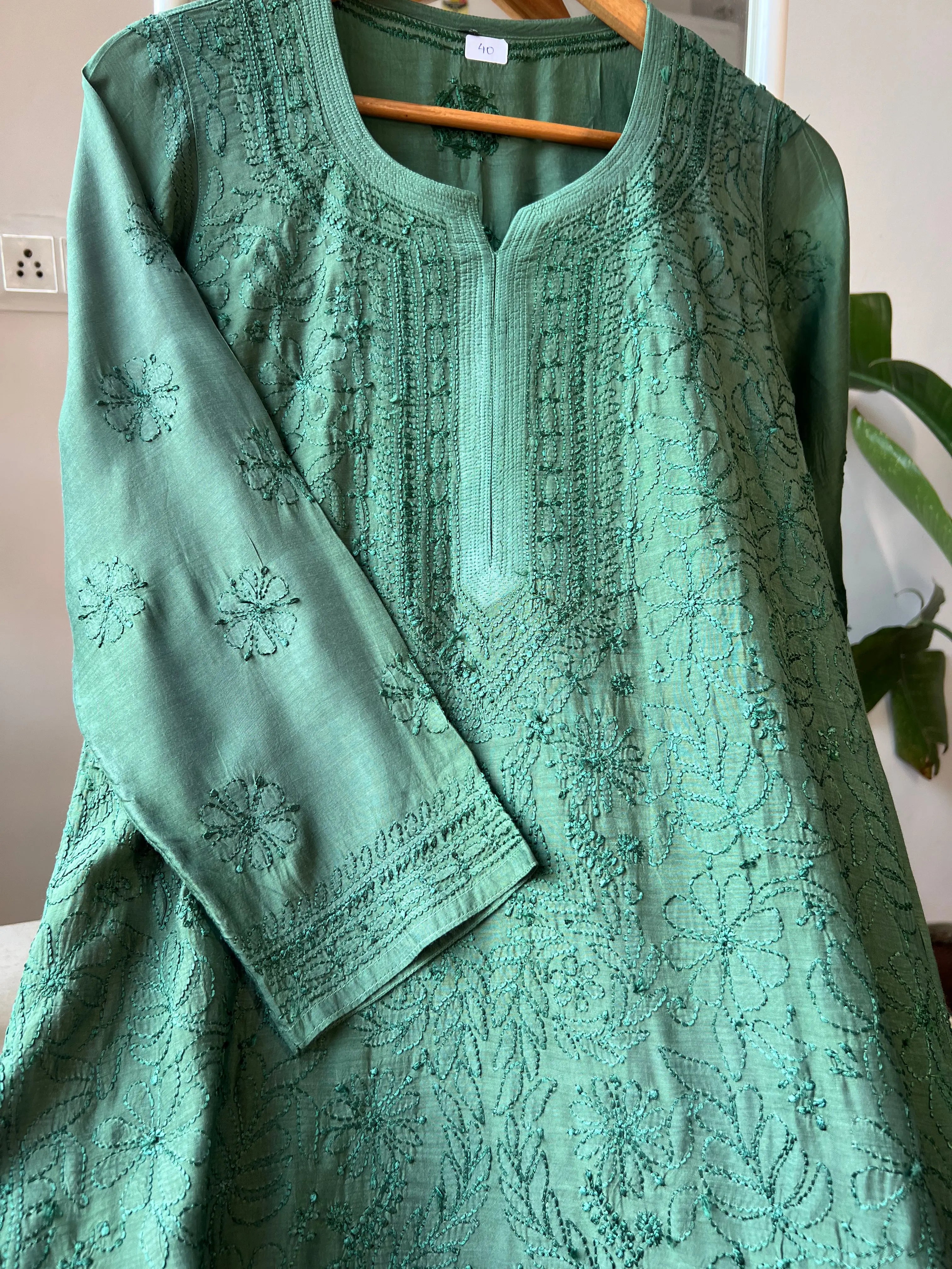 Muslin Chikankari Kurti - Dark Green ARIAA CHIKANKARI 