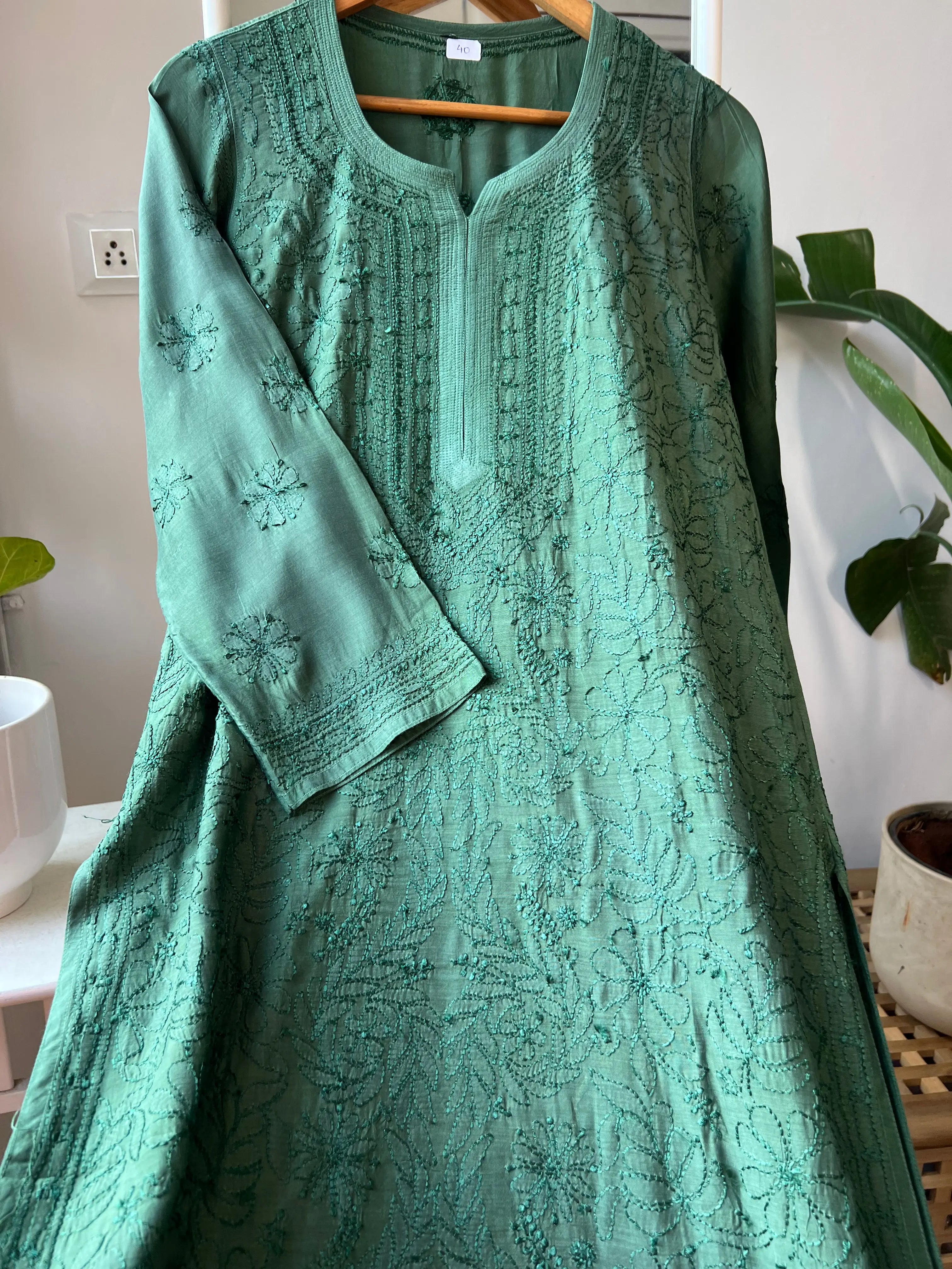 Muslin Chikankari Kurti - Dark Green ARIAA CHIKANKARI 