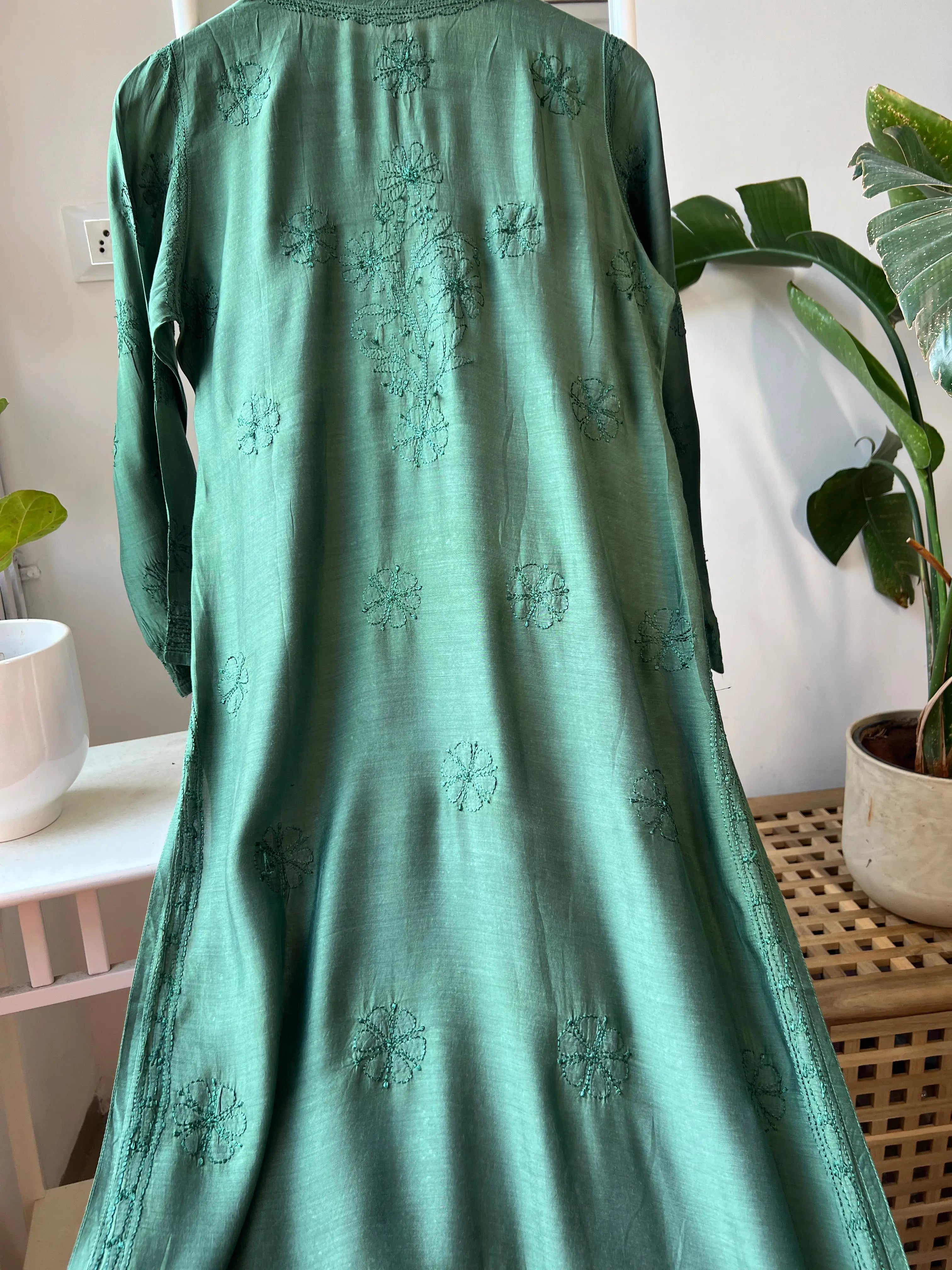 Muslin Chikankari Kurti - Dark Green ARIAA CHIKANKARI 