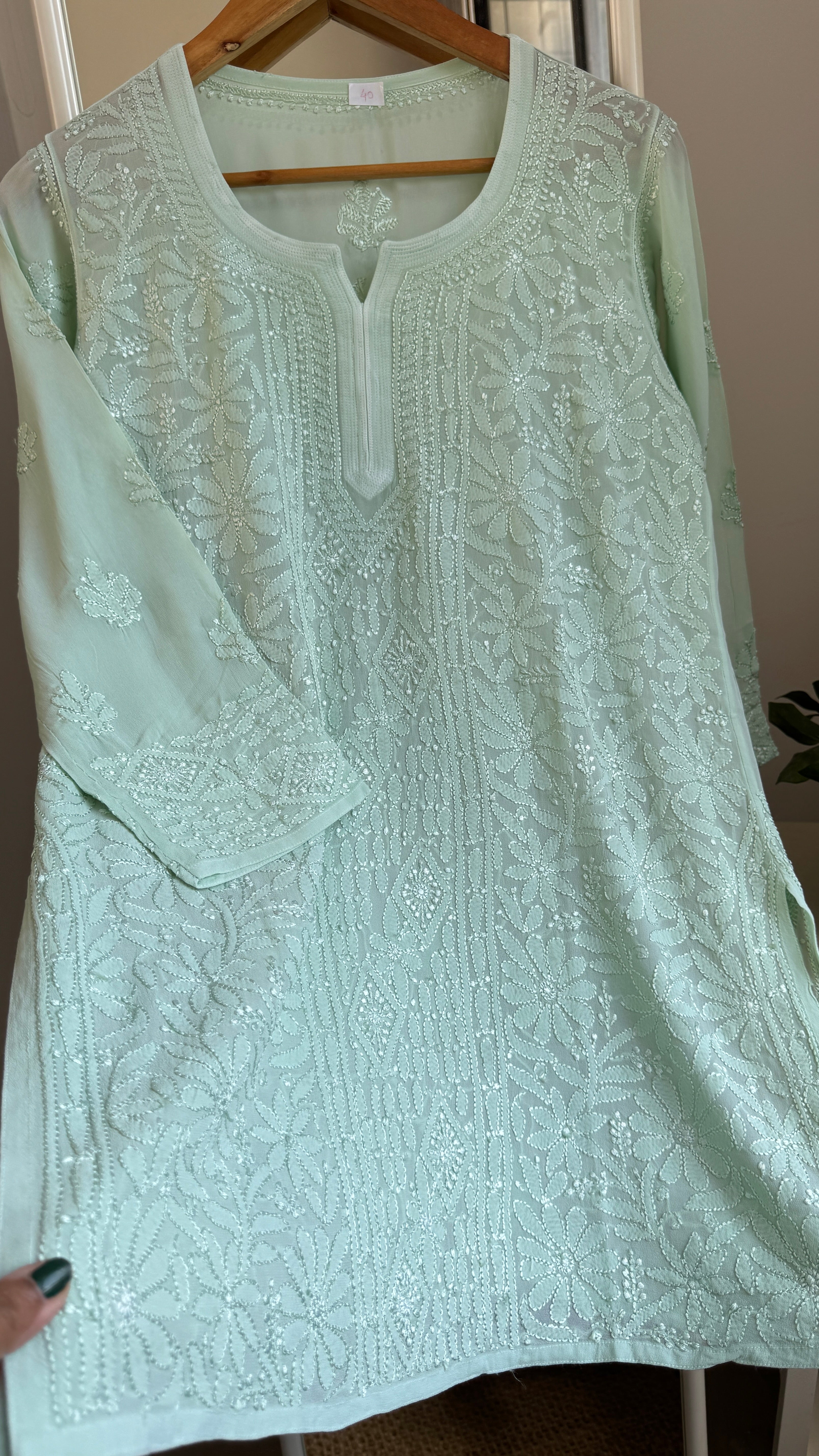 Chikankari Viscose Georgette short Top in Light green