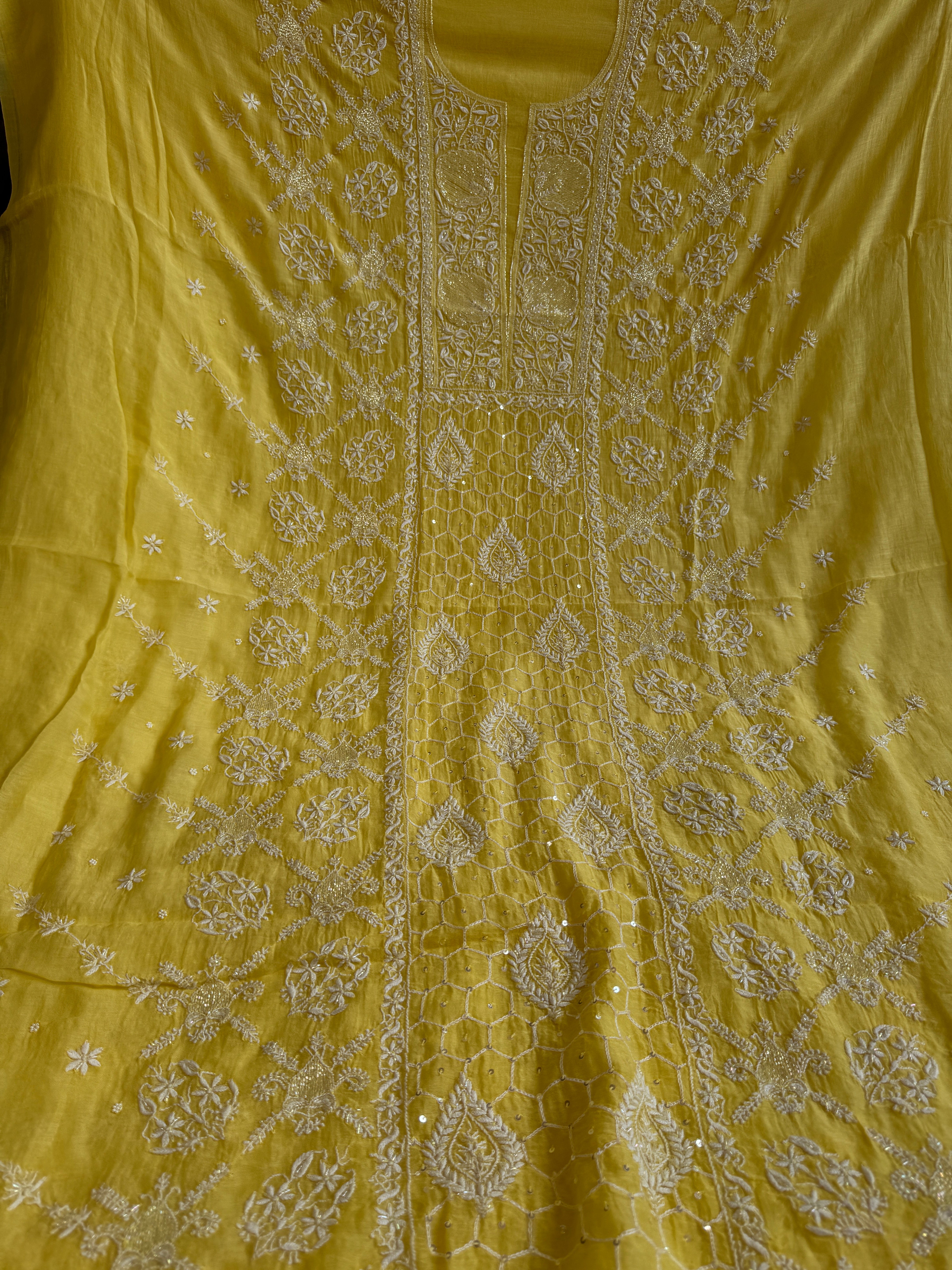 Mul Chanderi Chikankari - Heavy Unstitched Set -Yellow ARIAA CHIKANKARI 