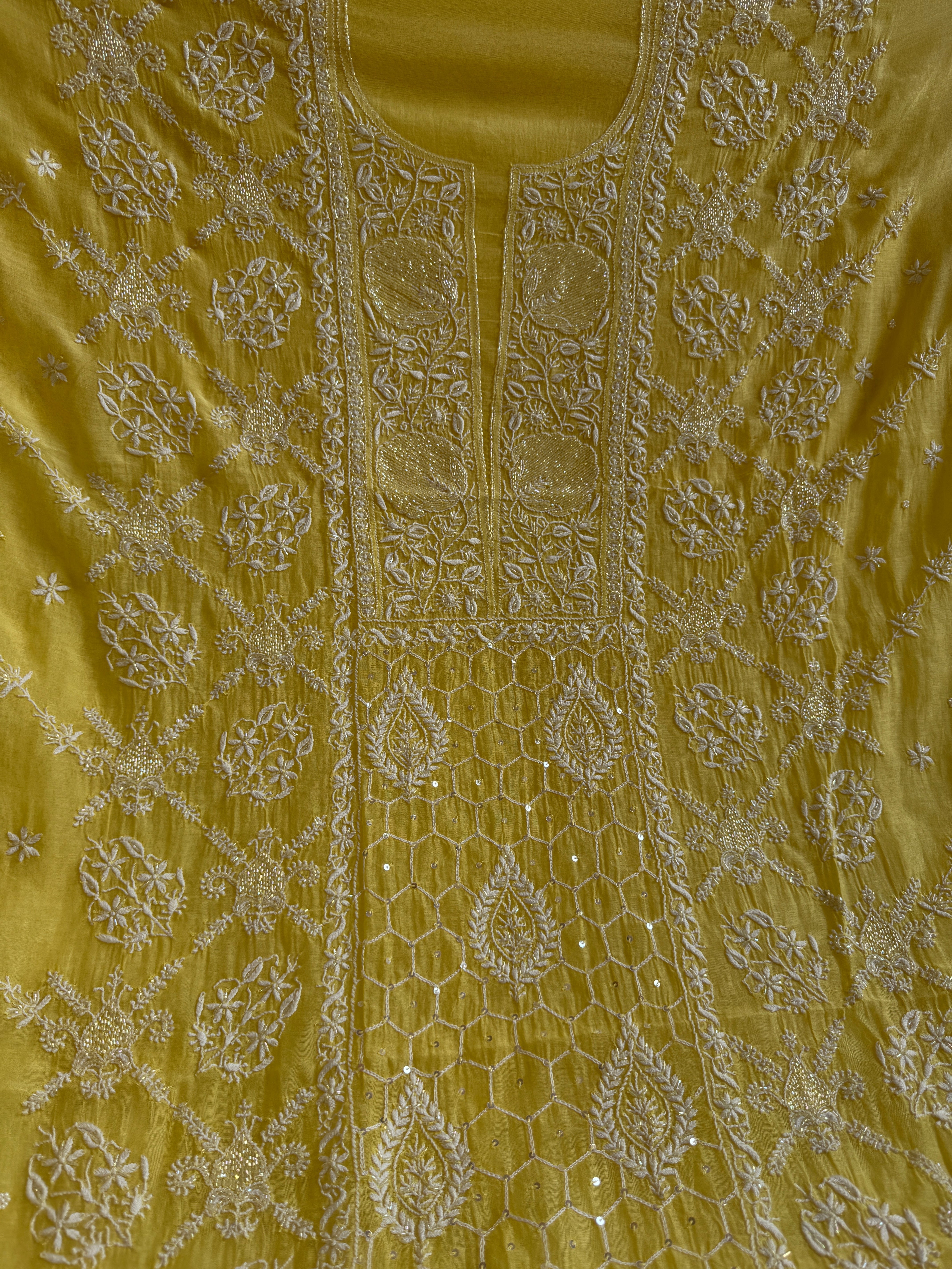 Mul Chanderi Chikankari - Heavy Unstitched Set -Yellow ARIAA CHIKANKARI 