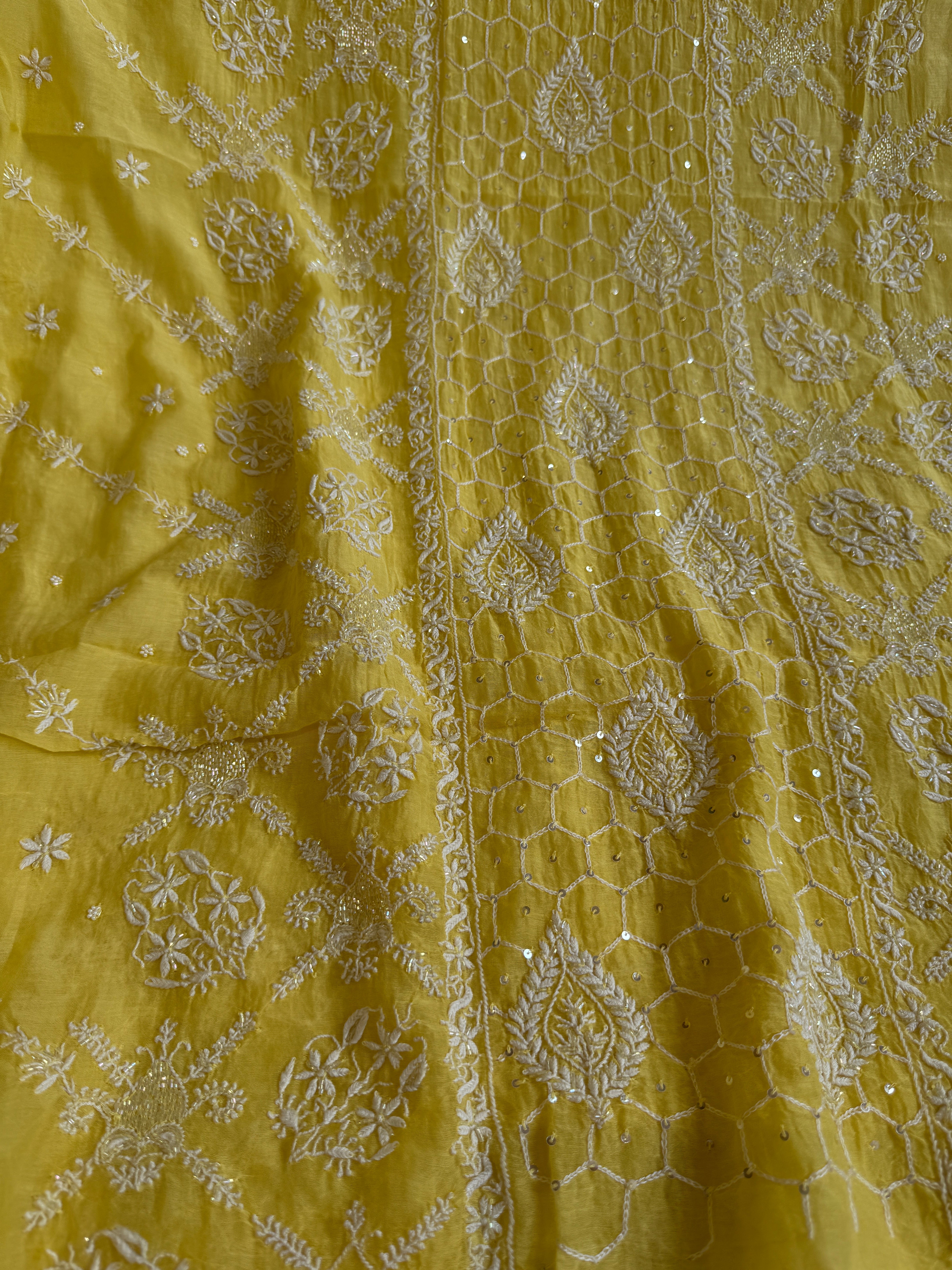 Mul Chanderi Chikankari - Heavy Unstitched Set -Yellow ARIAA CHIKANKARI 