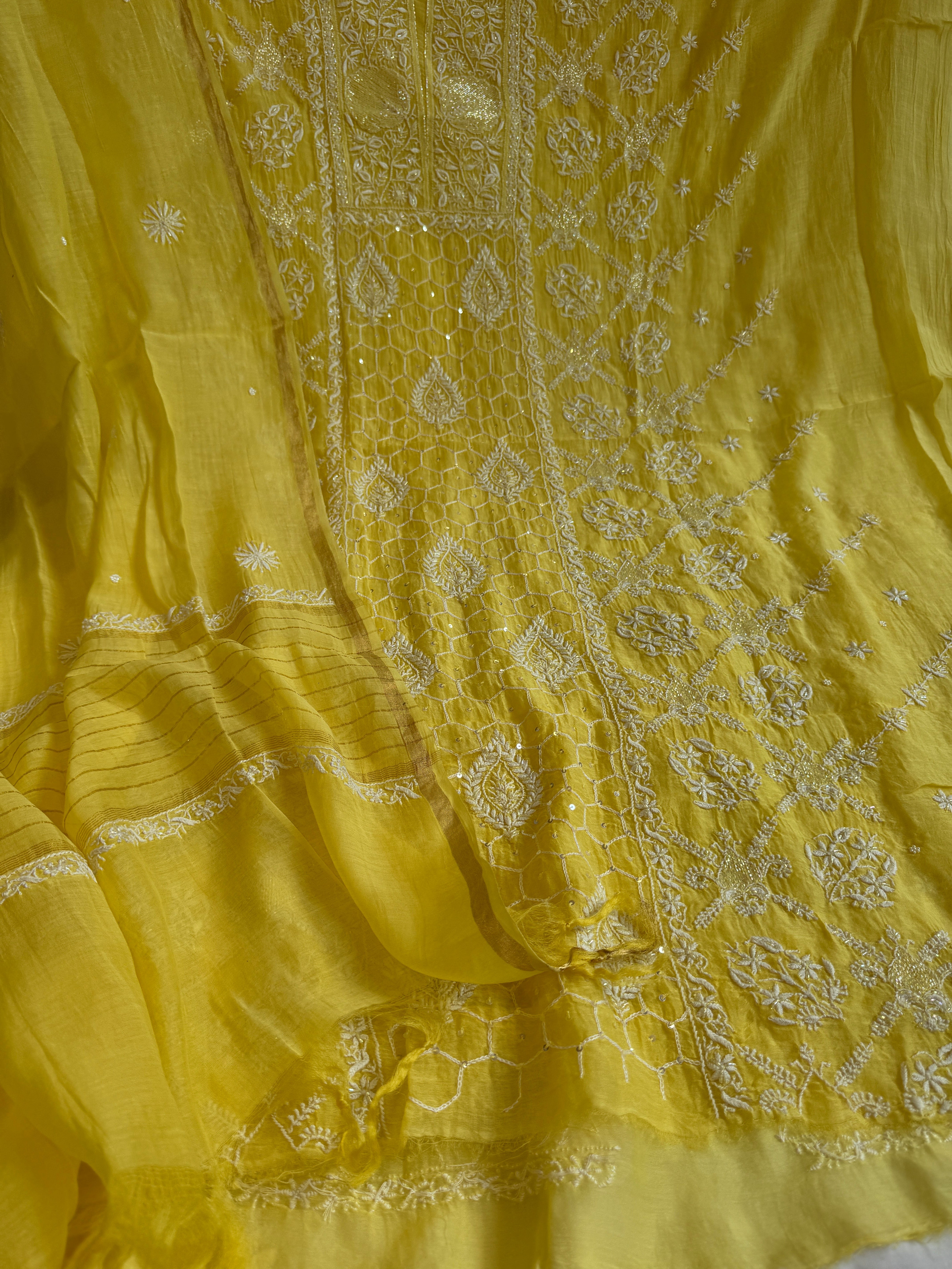 Mul Chanderi Chikankari - Heavy Unstitched Set -Yellow ARIAA CHIKANKARI 