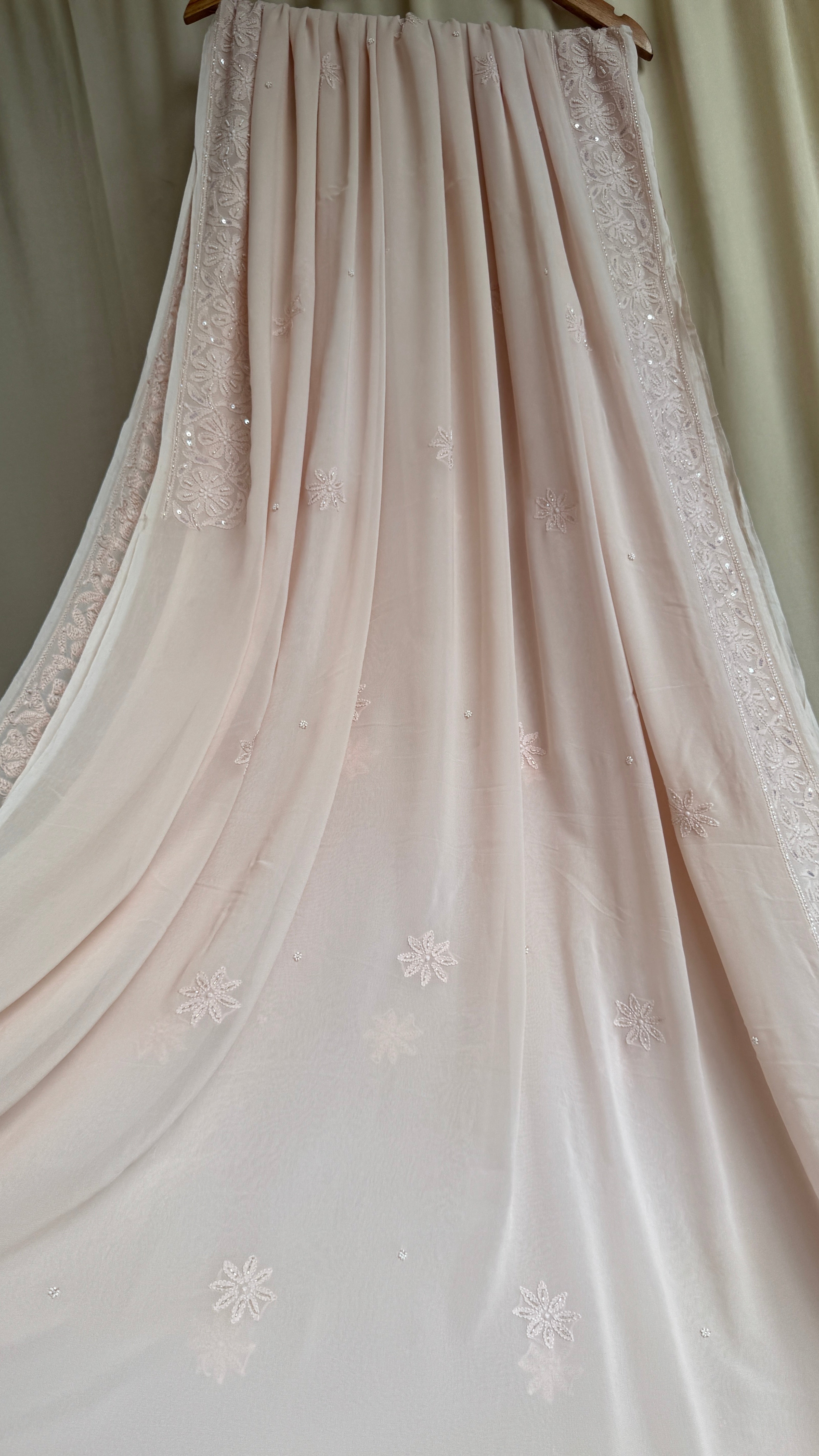 Viscose Chikankari saree with Pearl embellishments- Blush Peach