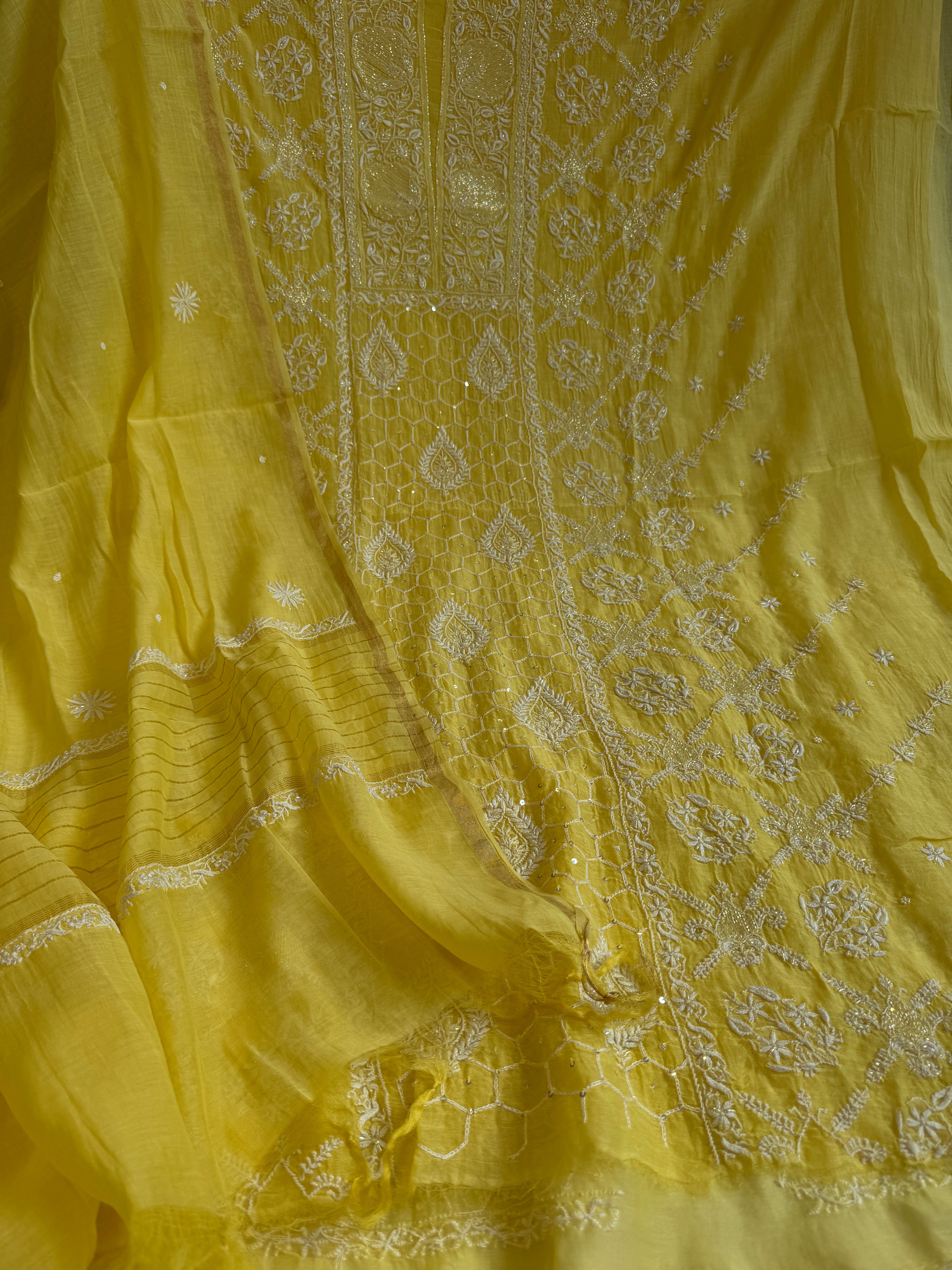 Mul Chanderi Chikankari - Heavy Unstitched Set -Yellow ARIAA CHIKANKARI 