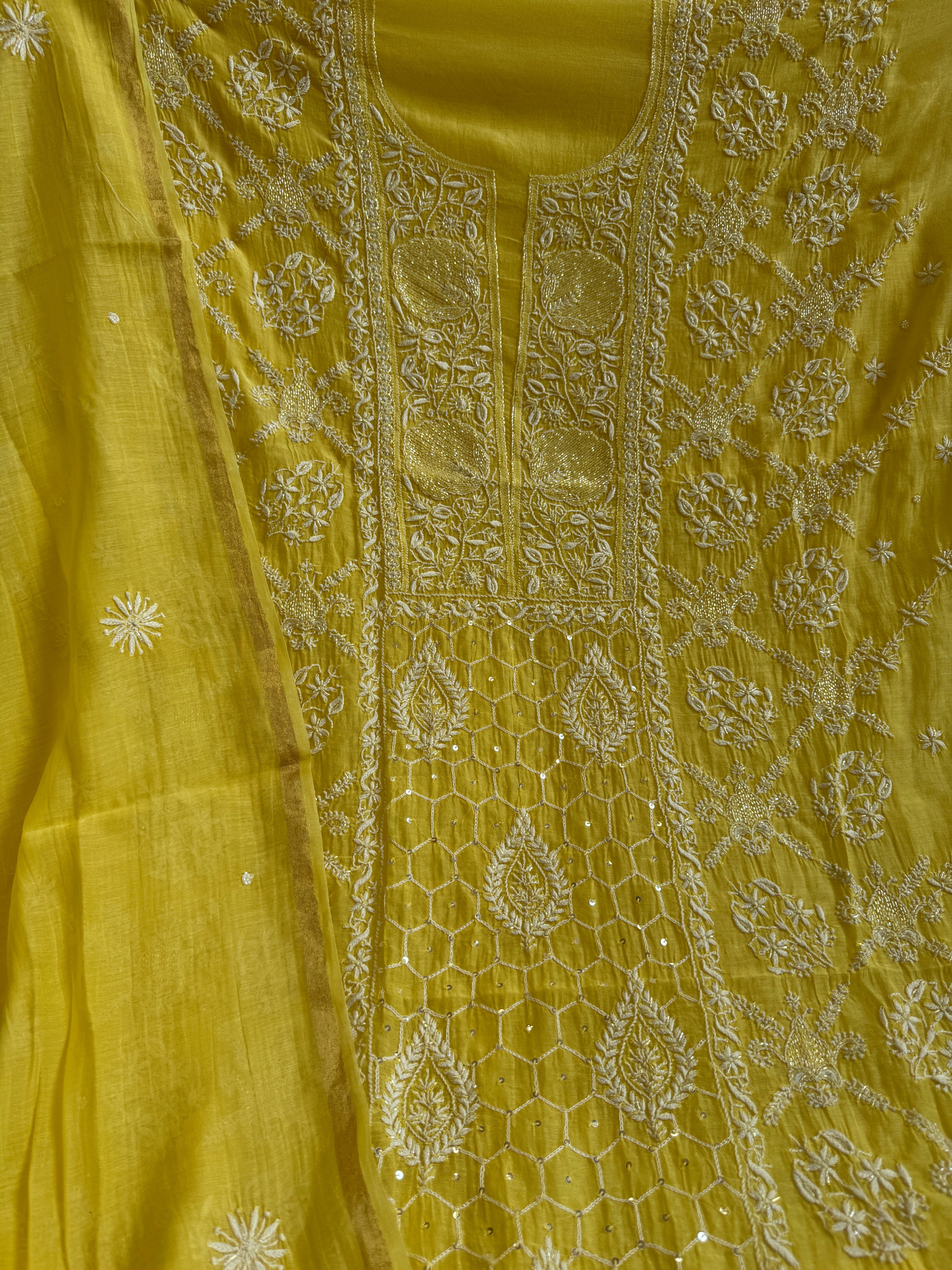 Mul Chanderi Chikankari - Heavy Unstitched Set -Yellow ARIAA CHIKANKARI 